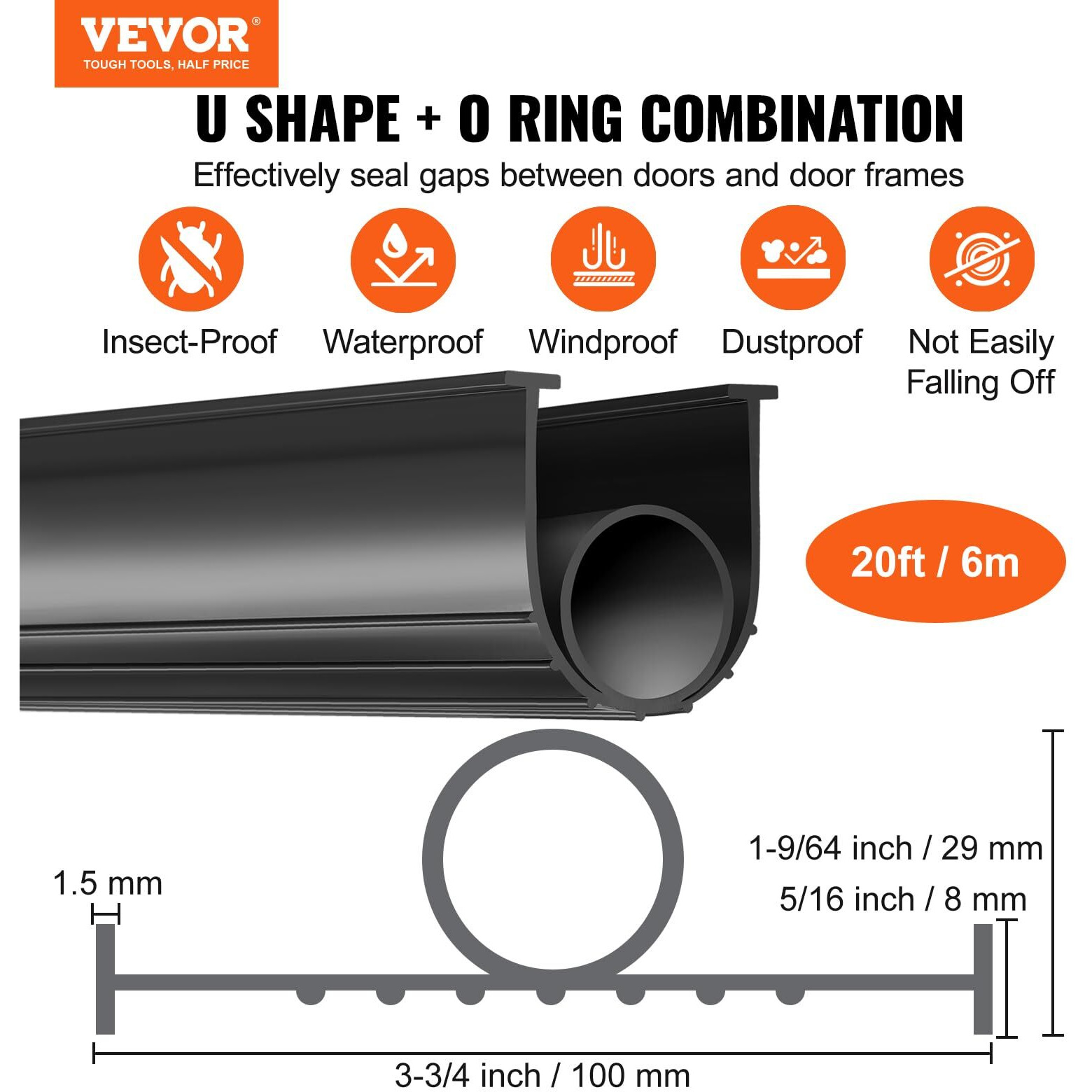 Vevor Garage Door Seals Bottom Rubber, U Shape +O Ring Garage Door Weather Stripping, Universal Weatherproof Threshold Buffering Sealing Rubber, 5/16 Inch T-Ends And 3 3/4 Inch Width (20 Ft, Black)