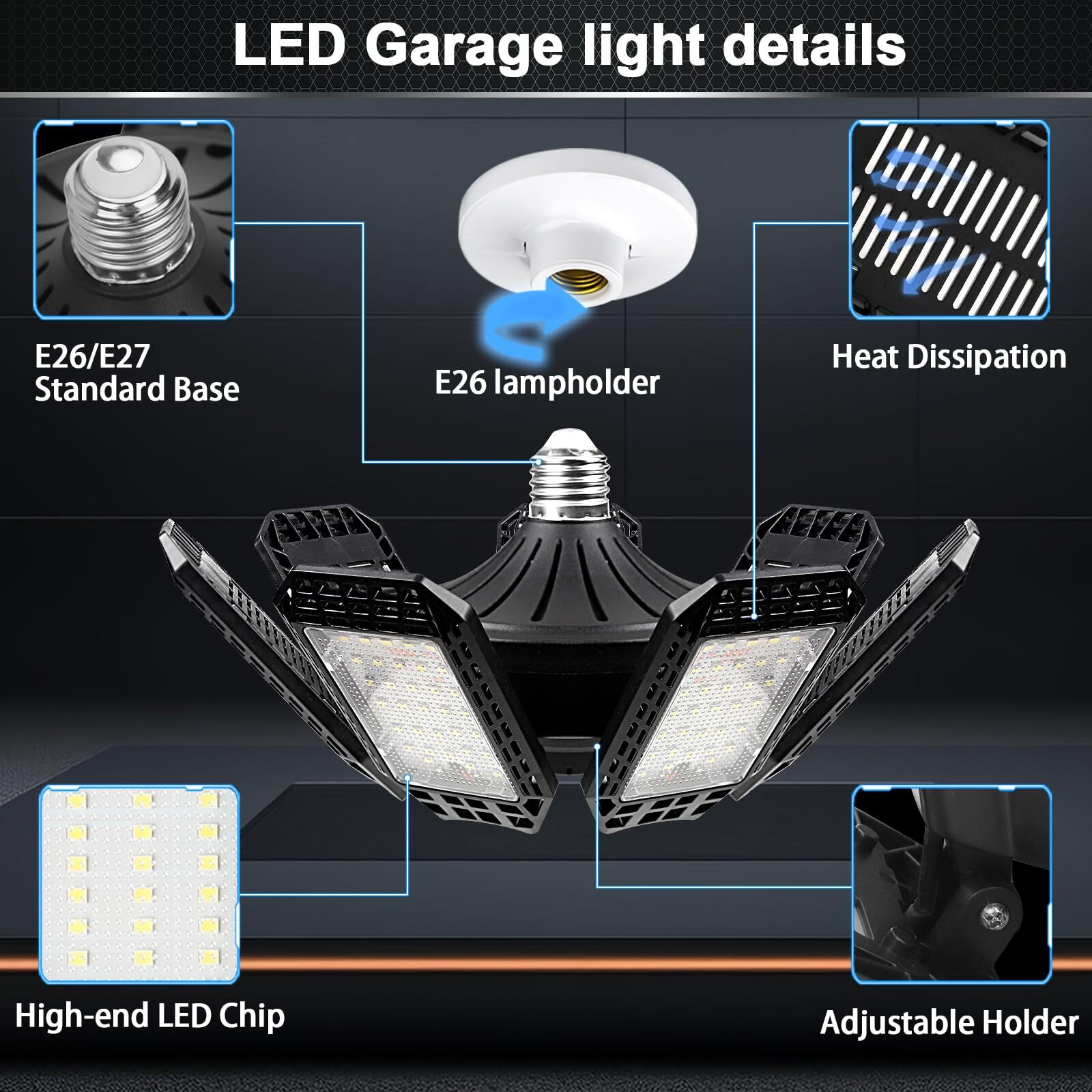 2 Pack Led Garage Light, 240W 24000Lm 6500K Led Shop Lights, Garage Lights Ceiling Led With 7+1 Deformable Panels, E26/E27 Bulb Socket Lighting For Shop, High Bay, Attic, Basement, Warehouse