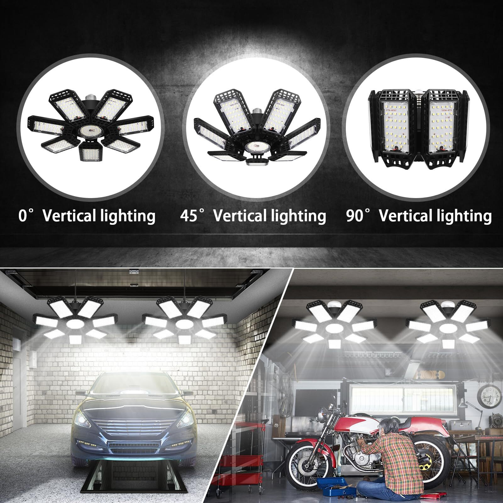 2 Pack Led Garage Light, 240W 24000Lm 6500K Led Shop Lights, Garage Lights Ceiling Led With 7+1 Deformable Panels, E26/E27 Bulb Socket Lighting For Shop, High Bay, Attic, Basement, Warehouse