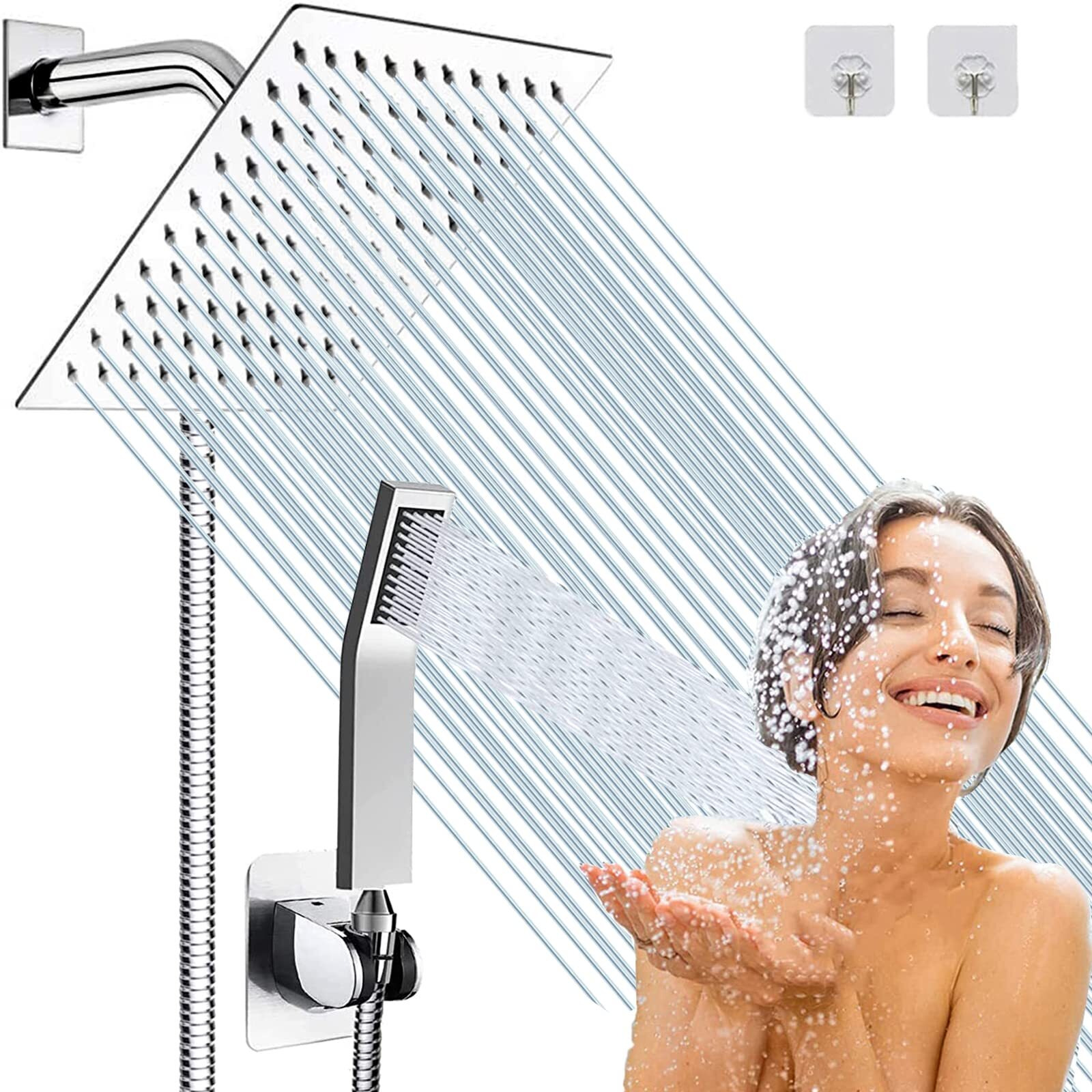 Rain Shower Head With Handheld Spray, 6'' Chrome Shower Head With 78'' Hose, High Pressure Hand Head Shower Heads, Anti-Leak Rainfall Shower Head With Holder(Square, All Metal)