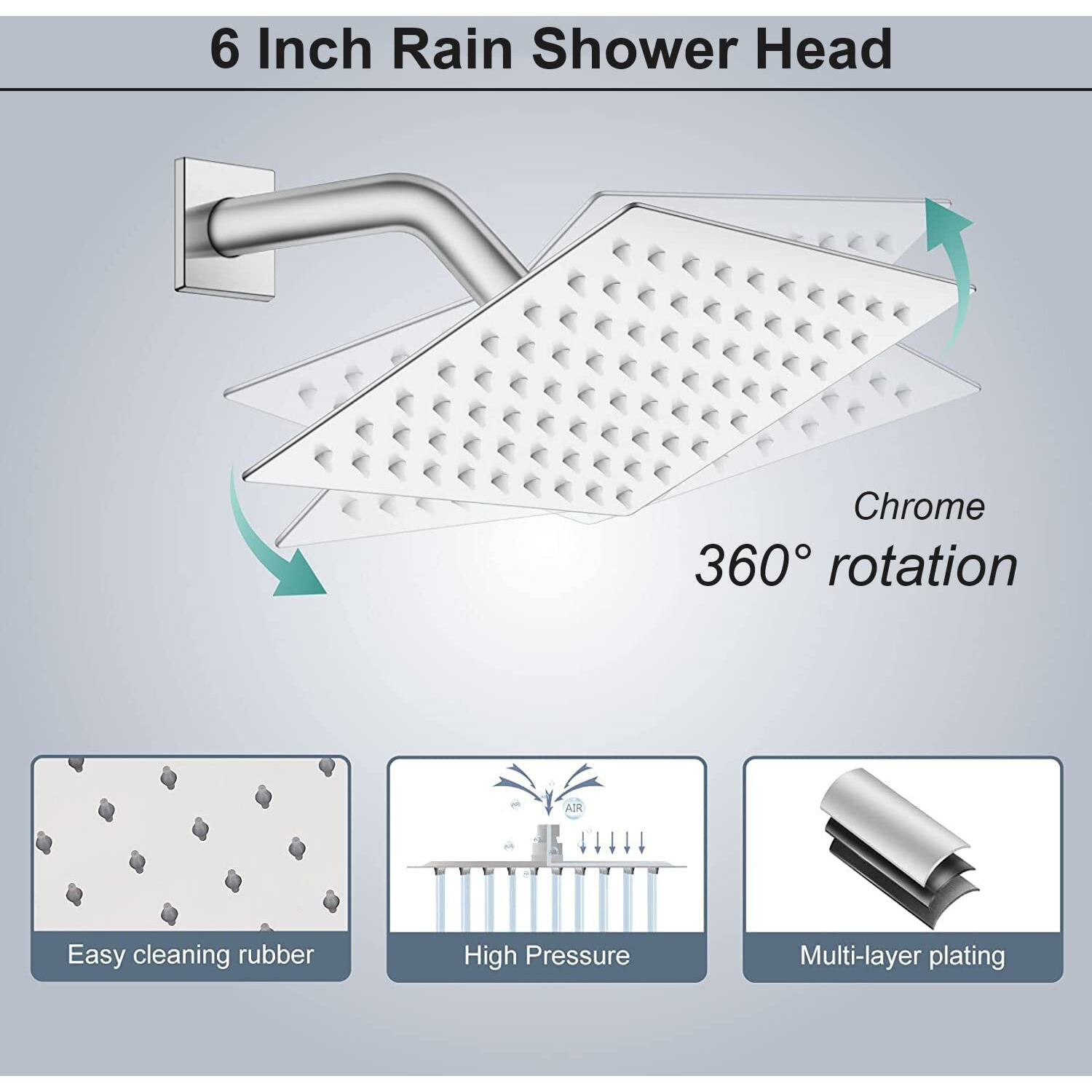 Rain Shower Head With Handheld Spray, 6'' Chrome Shower Head With 78'' Hose, High Pressure Hand Head Shower Heads, Anti-Leak Rainfall Shower Head With Holder(Square, All Metal)