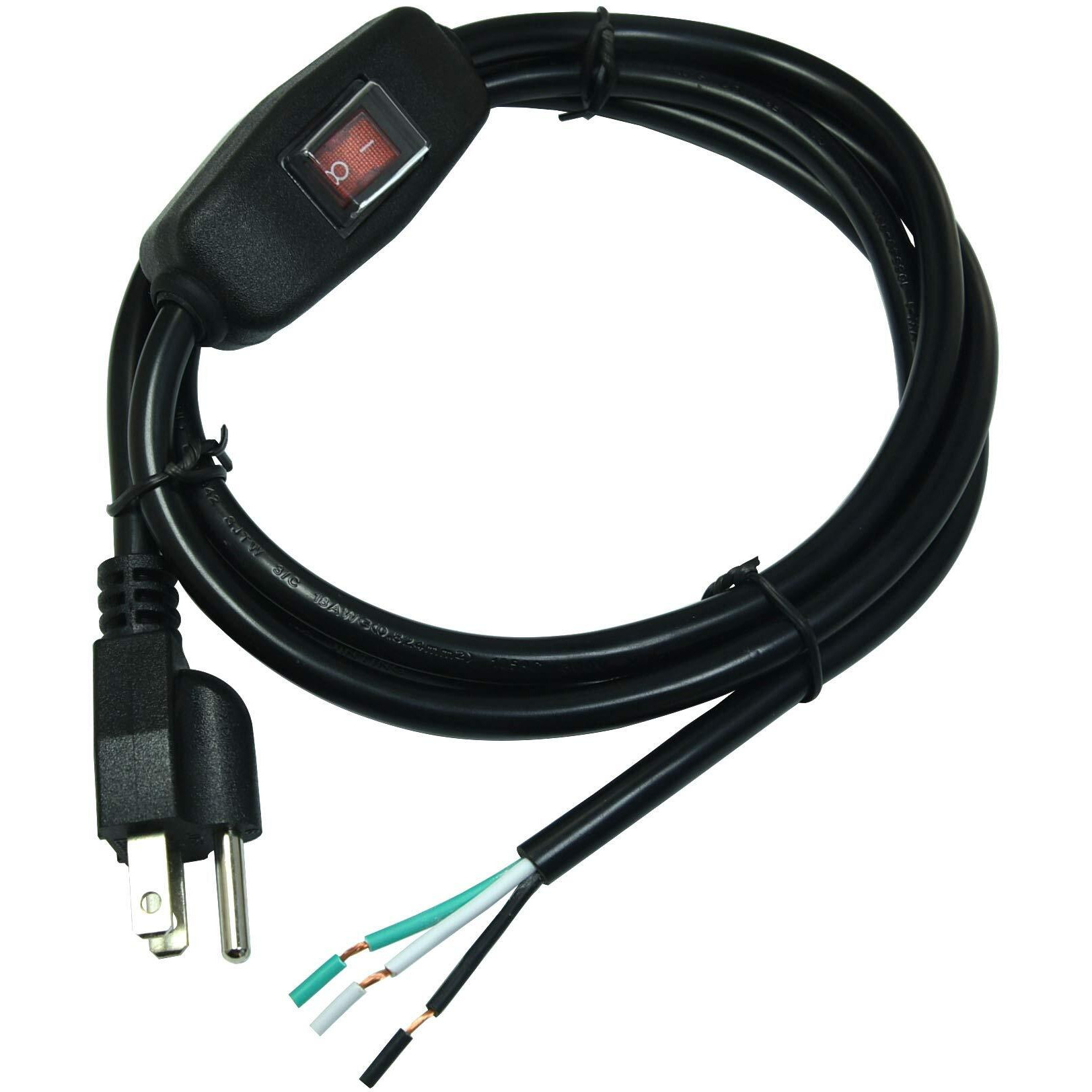 Filshu 6Ft 18 Gauge 3 Prong Ac Power Cord Cable With On Off Switch, Pigtail (Open End Wiring), Nema 5-15 Plug Us Sjtw 18Awg (10A)