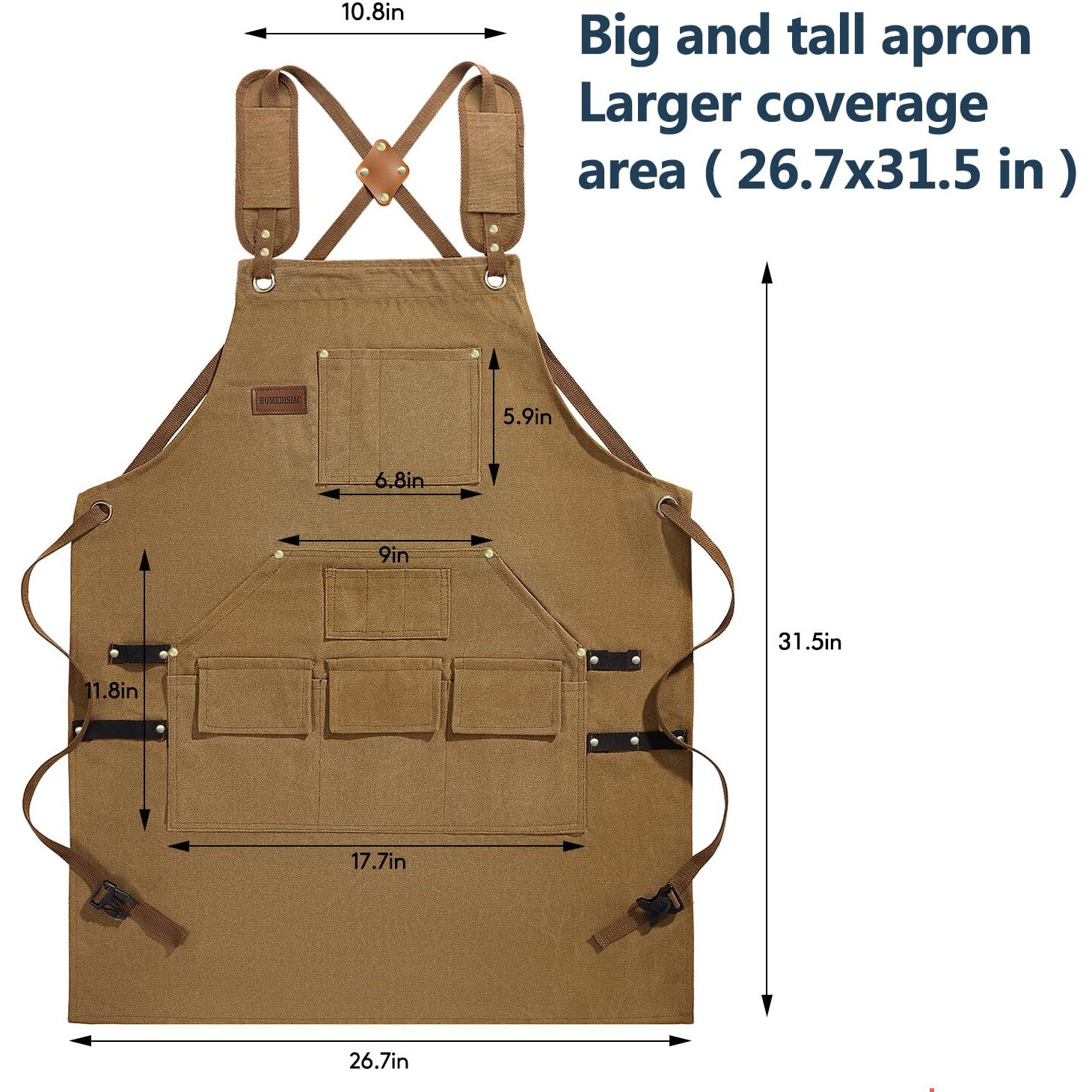 Homedisiac Wood Work Aprons For Men, Heavey Duty Cotton Canvas Multifunction Apron With 10 Pockets, Perfect For Chef's Gift, Woodworking, Work Shop, Horticulture, Barbecue, Size M-Xxl