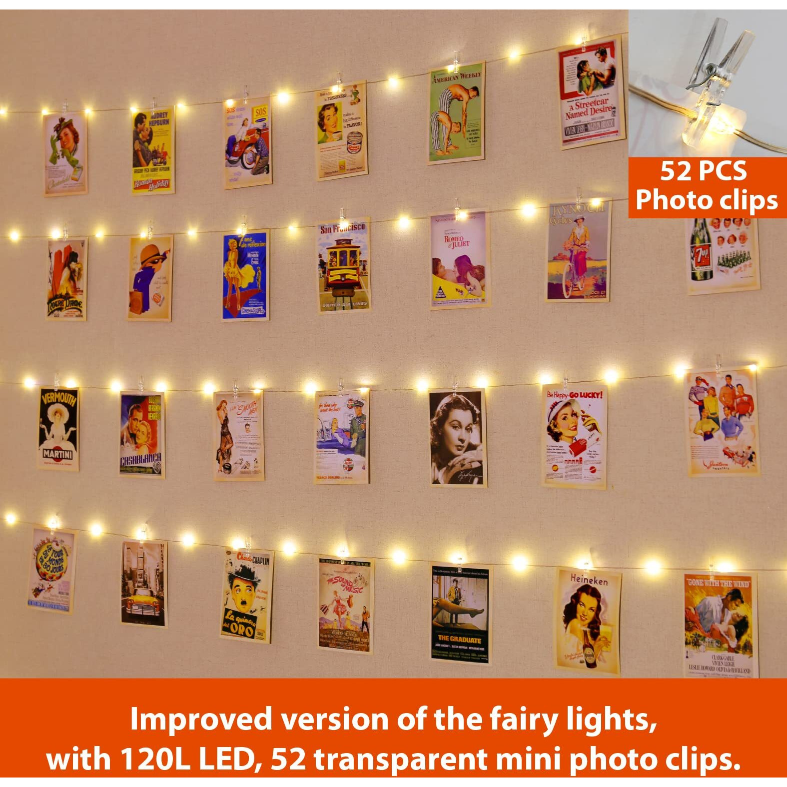 Hxweiye 120Leds Photo Clips String Light, Warm White 40Ft Fairy Light With 52 Clear Clips & 12 Hooks On Wall, Timer & 8 Modes Usb Powered Copper Wire String Light For Hanging Picture, Bedroom Party