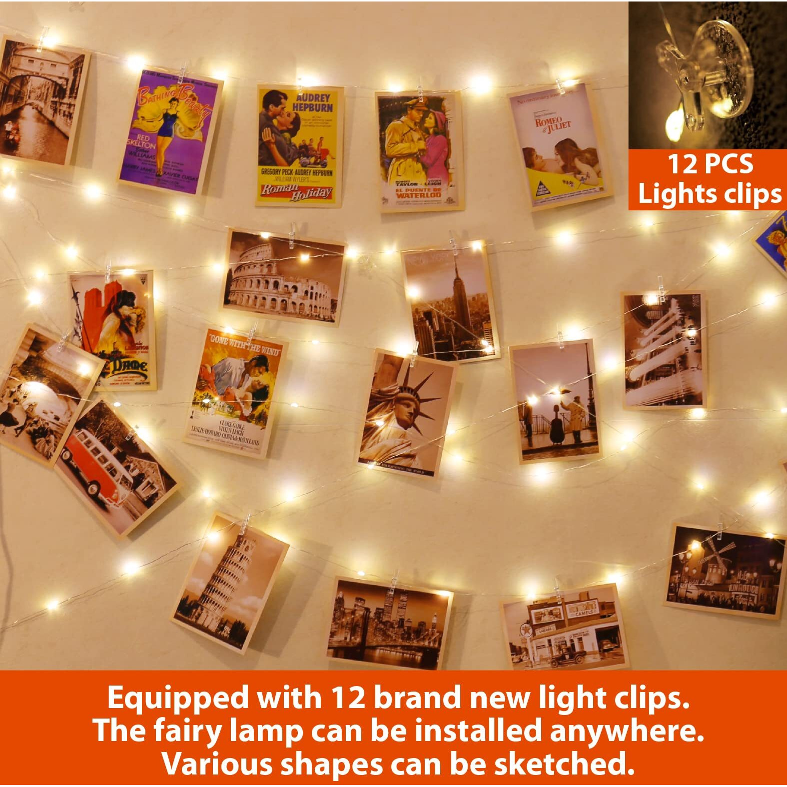 Hxweiye 120Leds Photo Clips String Light, Warm White 40Ft Fairy Light With 52 Clear Clips & 12 Hooks On Wall, Timer & 8 Modes Usb Powered Copper Wire String Light For Hanging Picture, Bedroom Party
