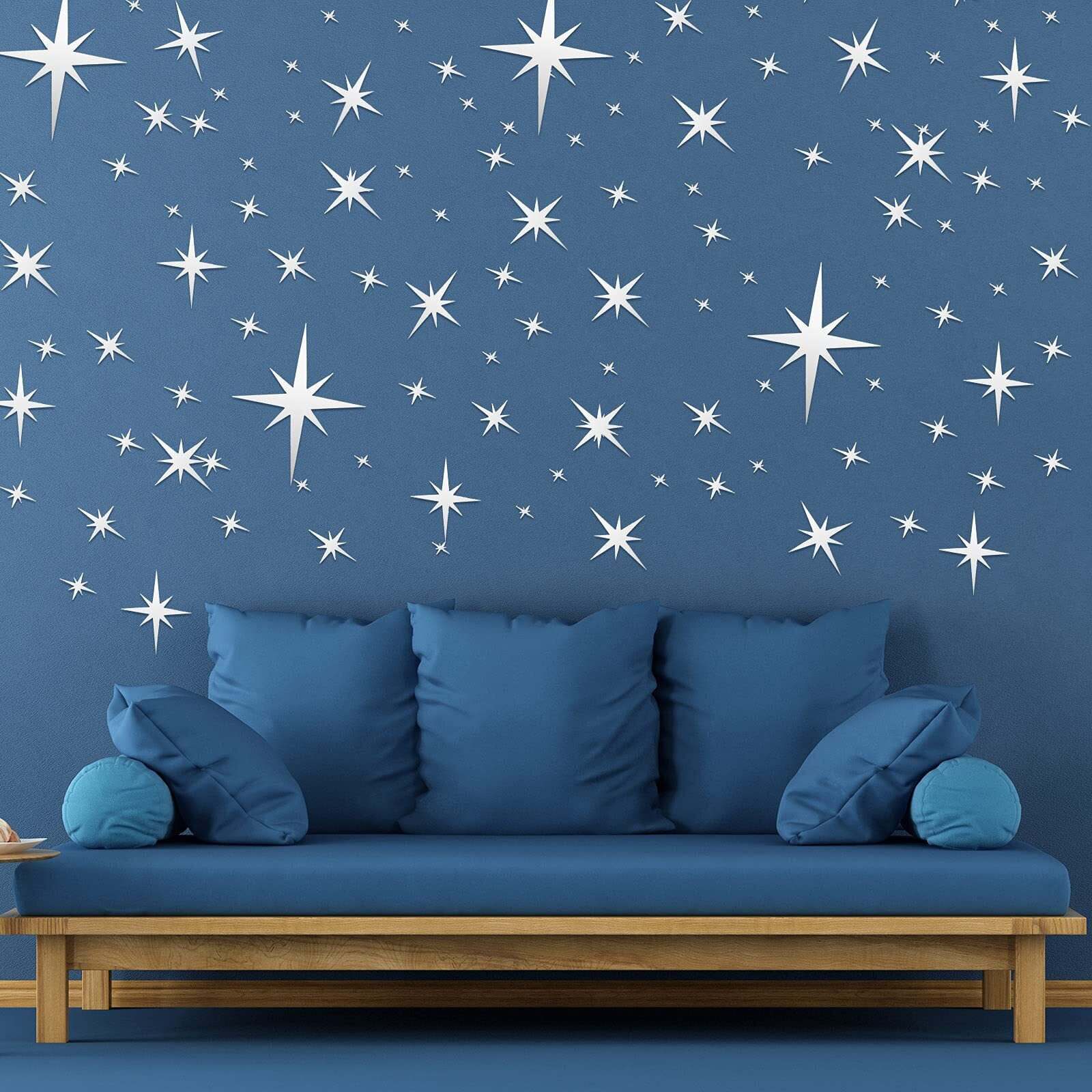 Zonon 82 Pieces Mirror Wall Stickers Removable Star Wall Decals 3D Acrylic Mirror Setting Wall Sticker Christmas Star Decorative Decal For Home Wall Living Room Bedroom Decor(Silver)