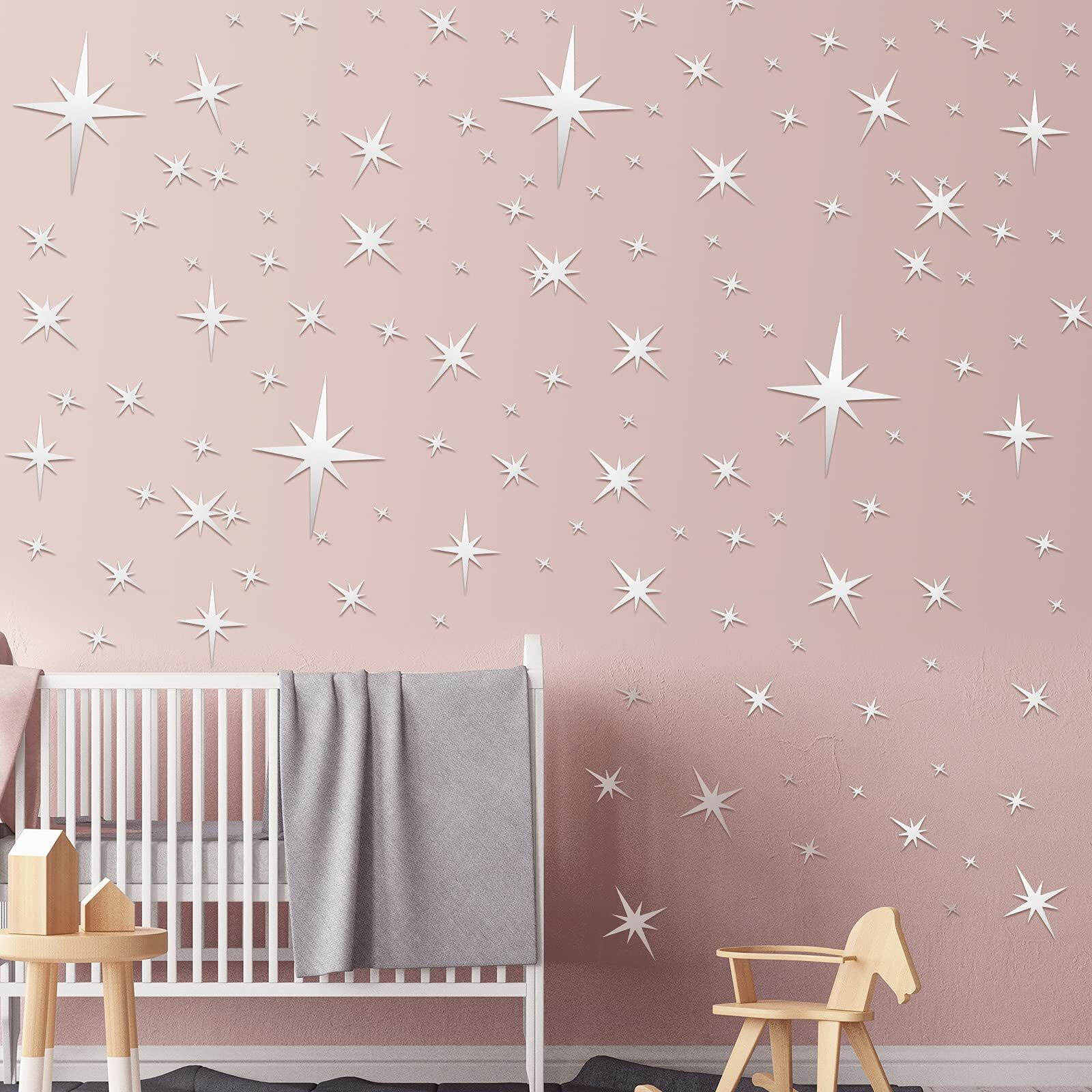 Zonon 82 Pieces Mirror Wall Stickers Removable Star Wall Decals 3D Acrylic Mirror Setting Wall Sticker Christmas Star Decorative Decal For Home Wall Living Room Bedroom Decor(Silver)