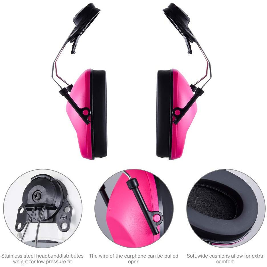 Huarui Noise Cancelling Helmet Attachable Ear Muffs Blocking Sound Reduction Ear Protection For Construction Site, Cap Mounted Protective Safety Ear Muffs With Hard Hat Mounting Adaptors Pink