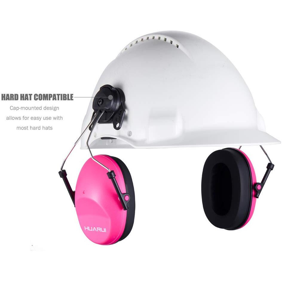 Huarui Noise Cancelling Helmet Attachable Ear Muffs Blocking Sound Reduction Ear Protection For Construction Site, Cap Mounted Protective Safety Ear Muffs With Hard Hat Mounting Adaptors Pink
