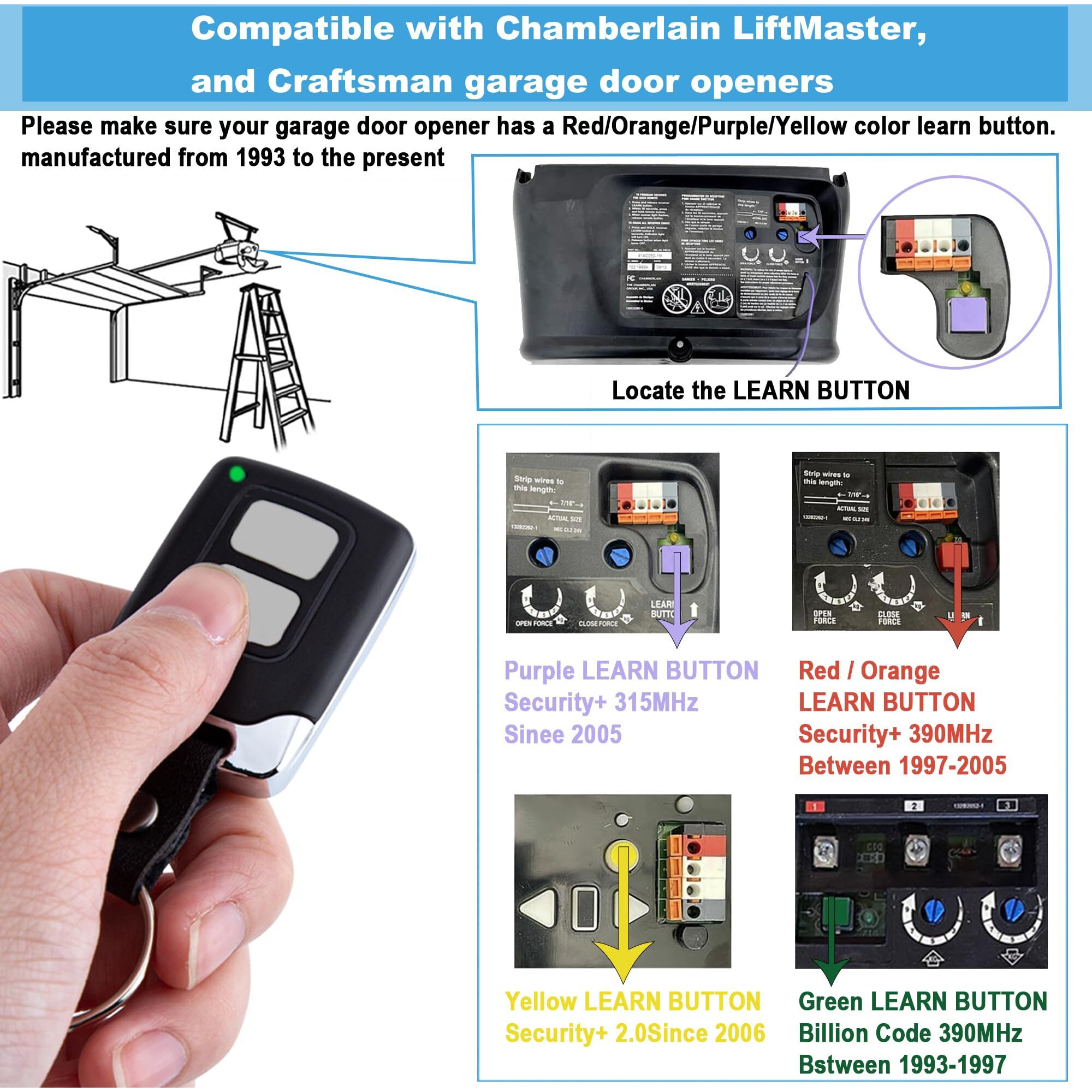 Universal Garage Door Opener Remote, For Chamberlain Lift Master Craftsman Door Opener, Suitable For 5 Color Learn Buttons, Replacement 893Lm 893Max 891Lm 971Lm 371Lm Garage Door Opener Remote