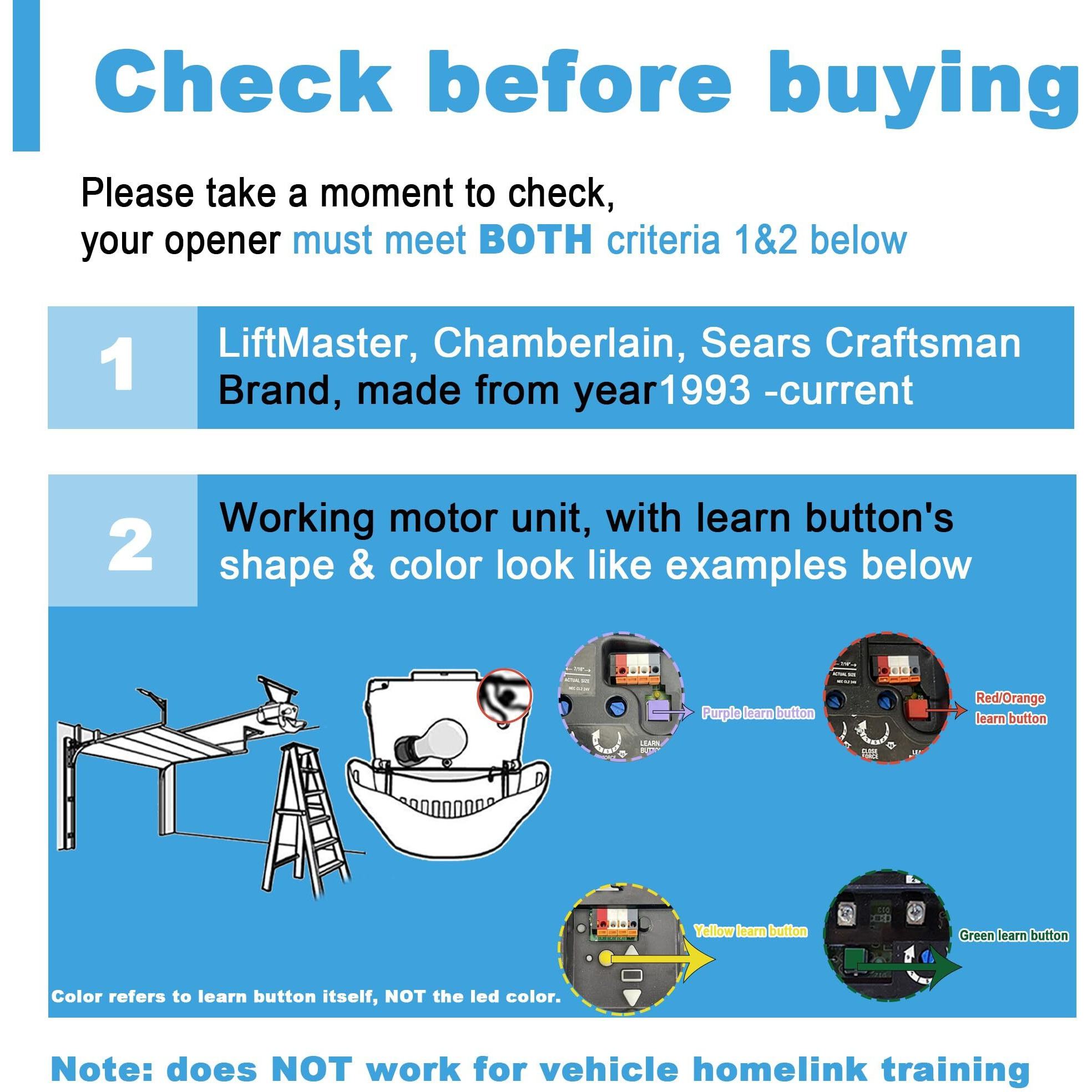Universal Garage Door Opener Remote, For Chamberlain Lift Master Craftsman Door Opener, Suitable For 5 Color Learn Buttons, Replacement 893Lm 893Max 891Lm 971Lm 371Lm Garage Door Opener Remote