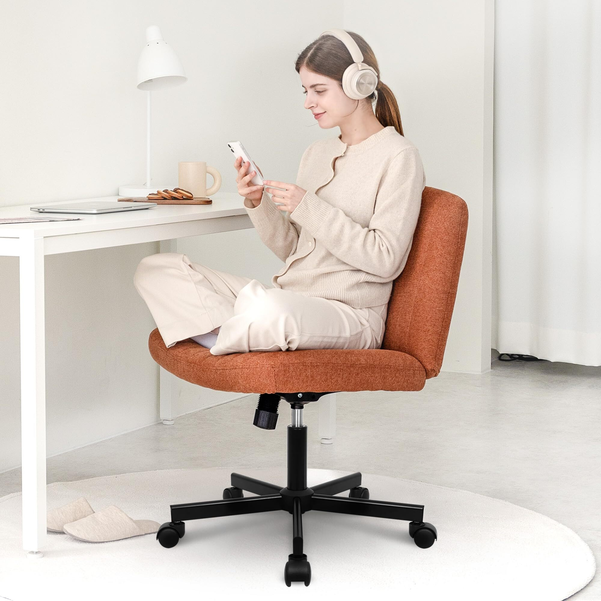 Orange Factory Criss Cross Chair With Wheels, Armless Cross Legged Office Desk Chair, Wide Comfy Vanity Rolling Swivel Modern Comfortable Fabric Computer Task Chairs For Home Office (Brown)