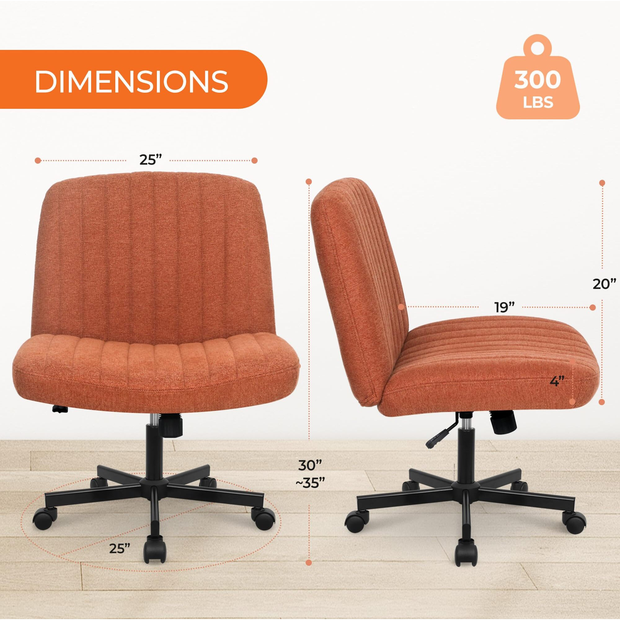 Orange Factory Criss Cross Chair With Wheels, Armless Cross Legged Office Desk Chair, Wide Comfy Vanity Rolling Swivel Modern Comfortable Fabric Computer Task Chairs For Home Office (Brown)