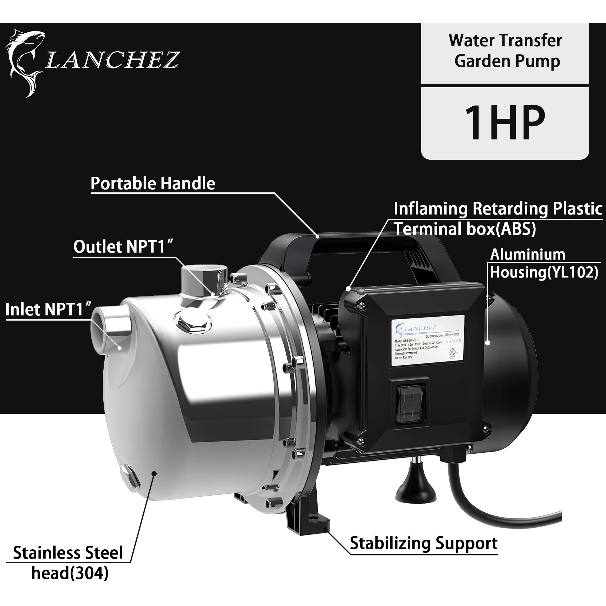 Lanchez 1 Hp Shallow Well Pump,Garden Pump, Portable Stainless Steel Water Transfer Draining Irrigation Jet Pump For Water Removal, Lawn Fountain Pump 1294 Gph 147 Feet Height