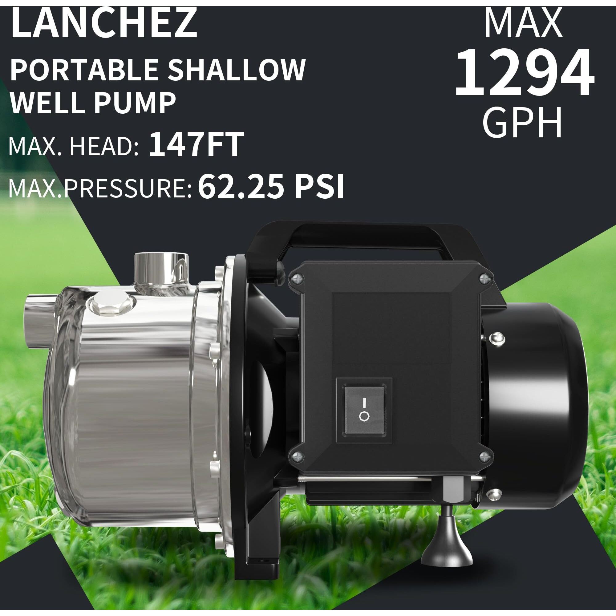 Lanchez 1 Hp Shallow Well Pump,Garden Pump, Portable Stainless Steel Water Transfer Draining Irrigation Jet Pump For Water Removal, Lawn Fountain Pump 1294 Gph 147 Feet Height