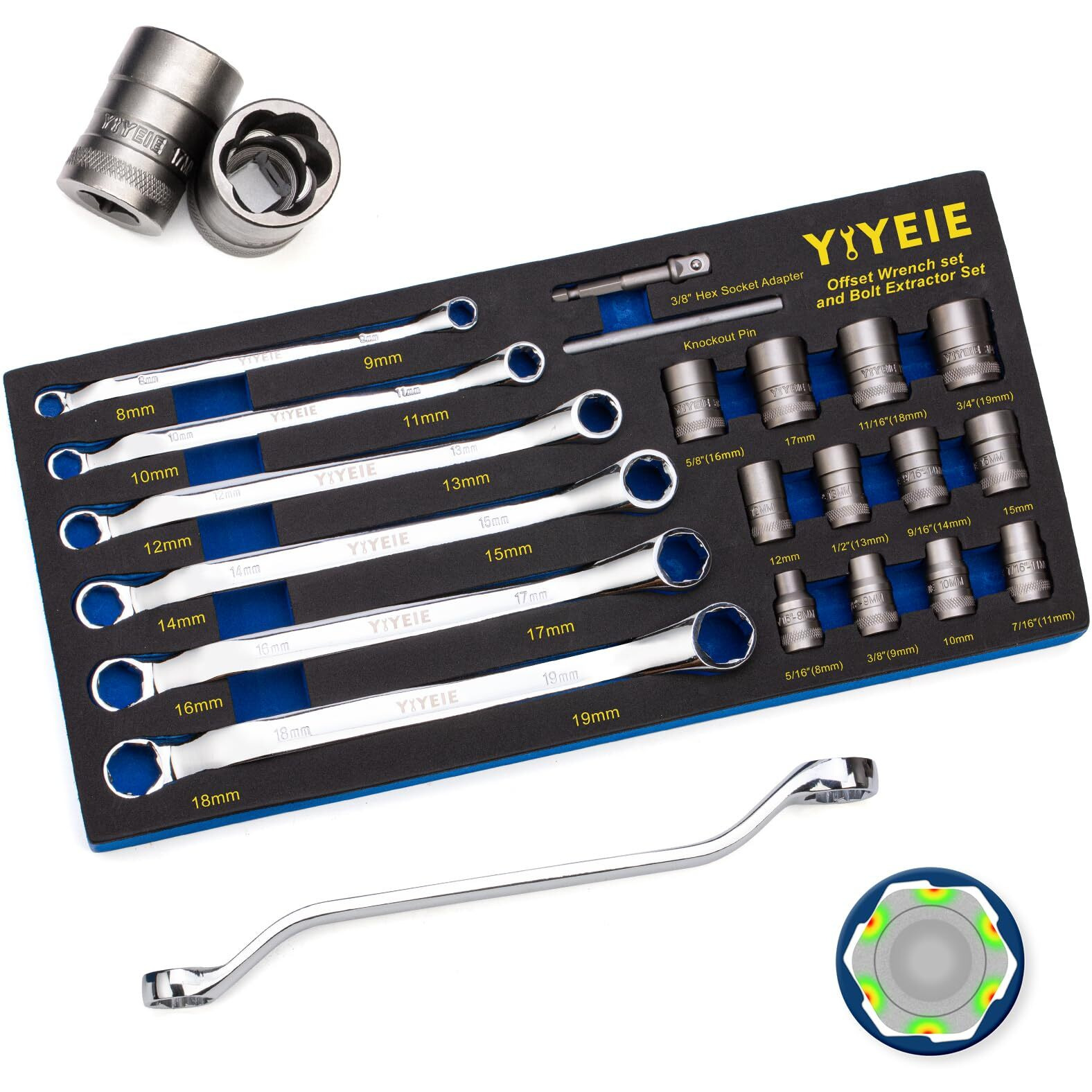 Yiyeie 20Pcs Combo Bolt Extractor Kit, 6-Point Offset Extractor Wrench Set, 6Pcs Metric 8-19Mm, 14Pcs Eazy Out Bolt Extractor Set, Impact Socket Remover For Stripped, Broken, Rounded Bolts & Nuts