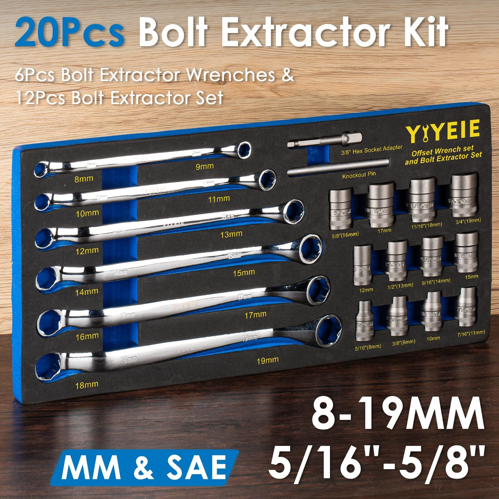 Yiyeie 20Pcs Combo Bolt Extractor Kit, 6-Point Offset Extractor Wrench Set, 6Pcs Metric 8-19Mm, 14Pcs Eazy Out Bolt Extractor Set, Impact Socket Remover For Stripped, Broken, Rounded Bolts & Nuts