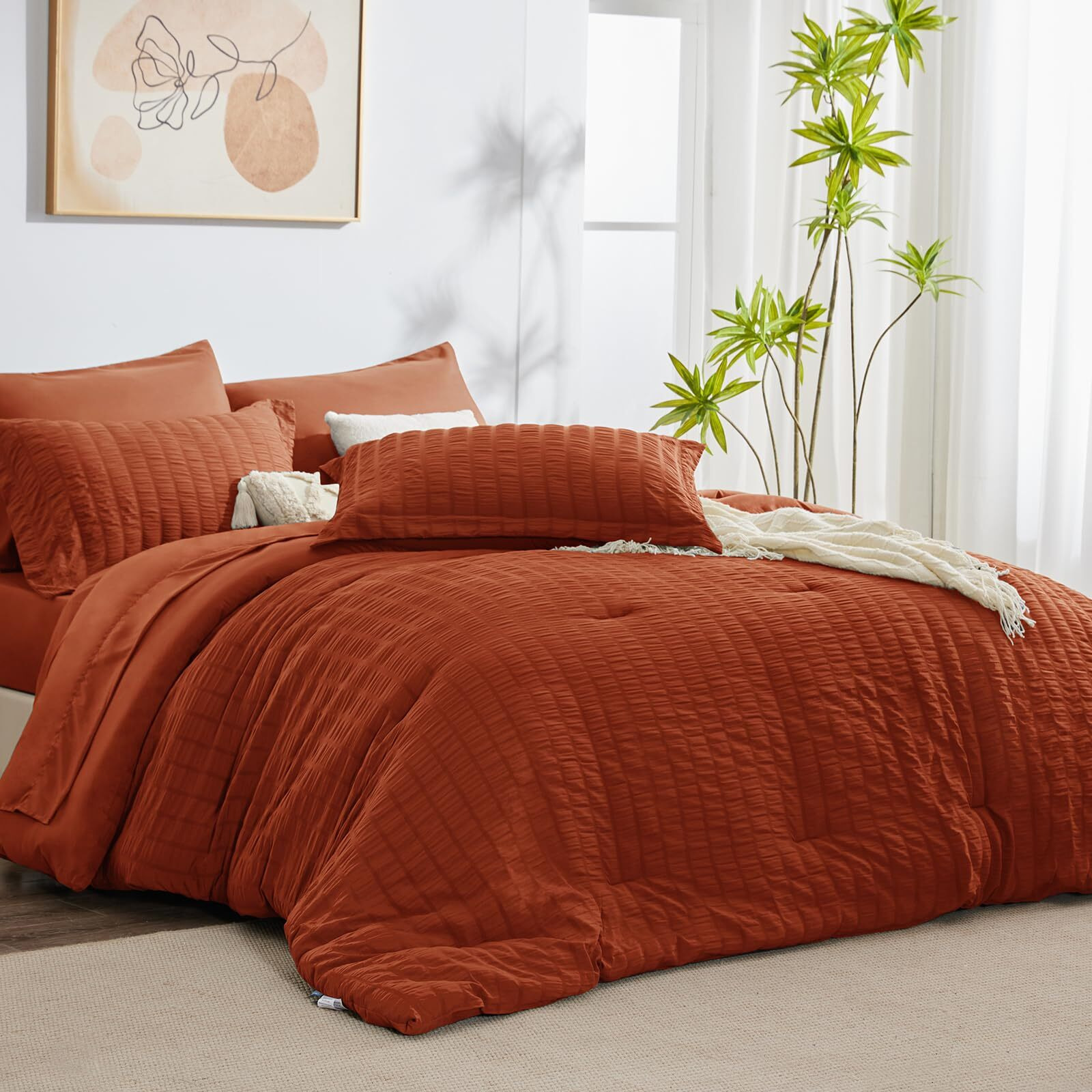 Cozylux Full Seersucker Comforter Set With Sheets Burnt Orange Bed In A Bag 7-Pieces All Season Bedding Sets With Comforter, Pillow Sham, Flat Sheet, Fitted Sheet, Pillowcase