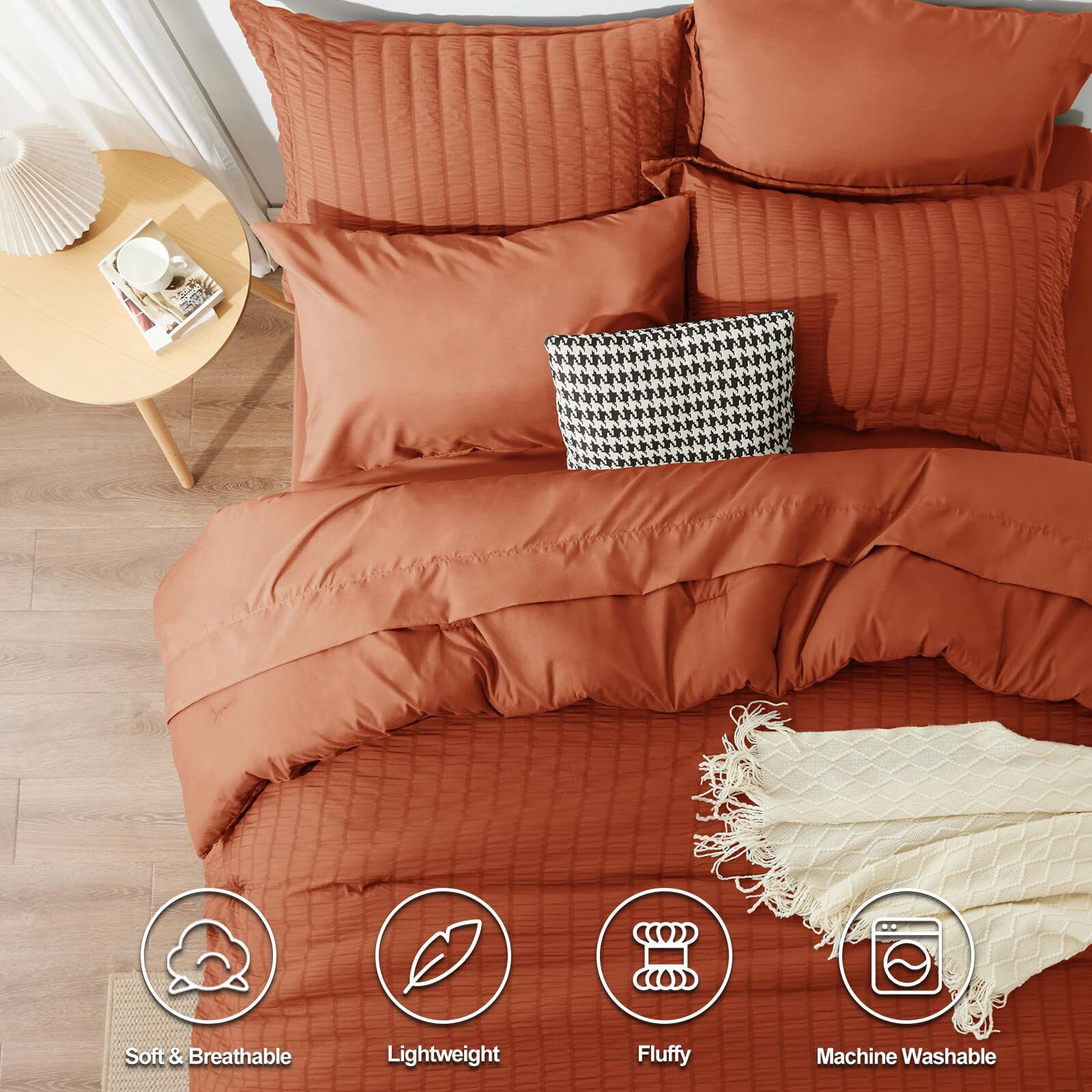 Cozylux Full Seersucker Comforter Set With Sheets Burnt Orange Bed In A Bag 7-Pieces All Season Bedding Sets With Comforter, Pillow Sham, Flat Sheet, Fitted Sheet, Pillowcase