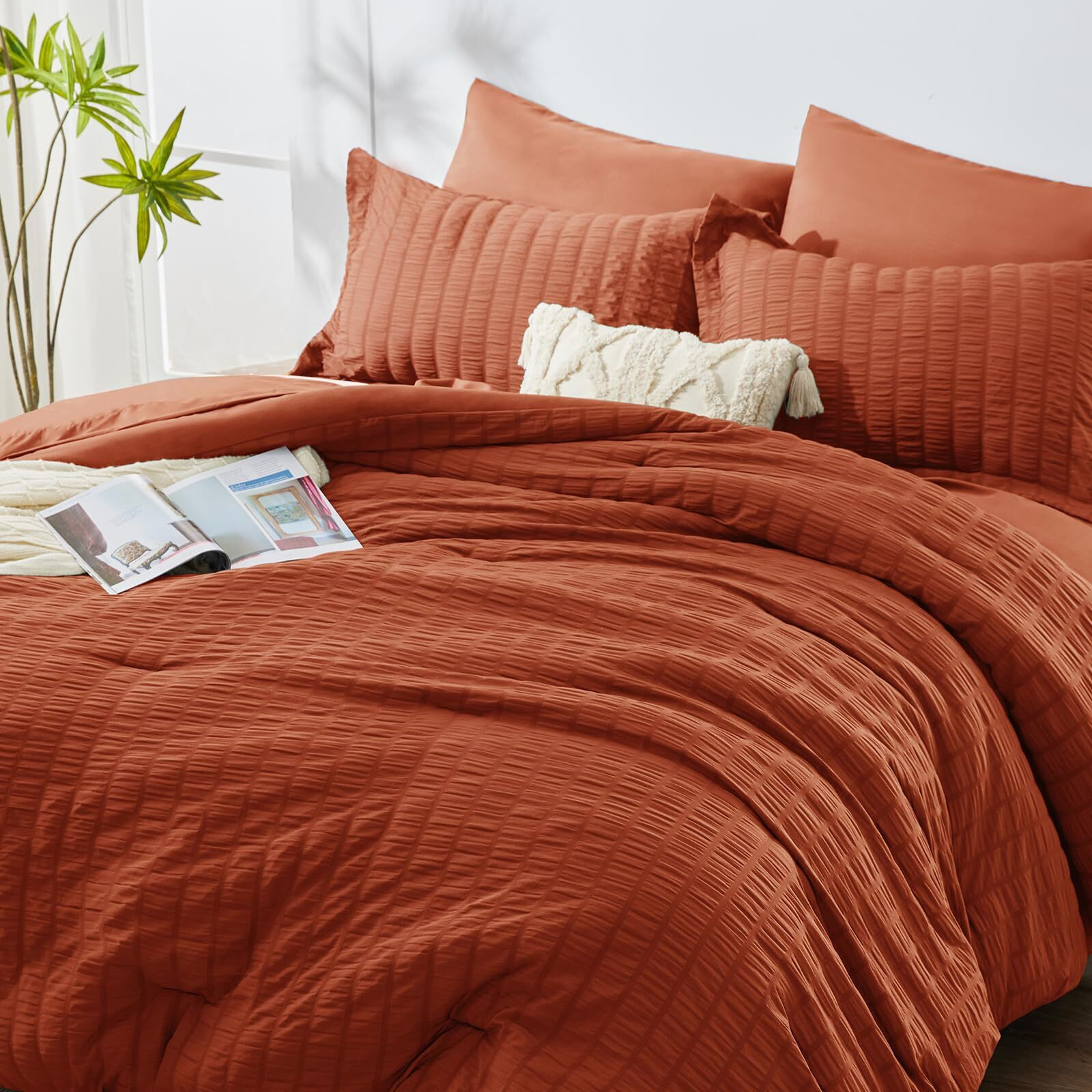 Cozylux Full Seersucker Comforter Set With Sheets Burnt Orange Bed In A Bag 7-Pieces All Season Bedding Sets With Comforter, Pillow Sham, Flat Sheet, Fitted Sheet, Pillowcase