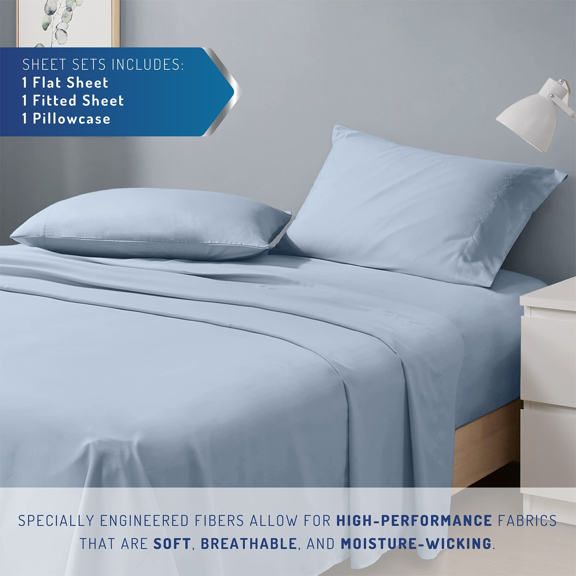 Degrees Of Comfort Coolmax Cooling Sheets Set For Twin Xl Size Bed, Moisture Wicking For Night Sweats Best Comfort, Cool Sheets For Hot Sleepers During Warm Weather With Deep Pocket 3Pc Light Blue