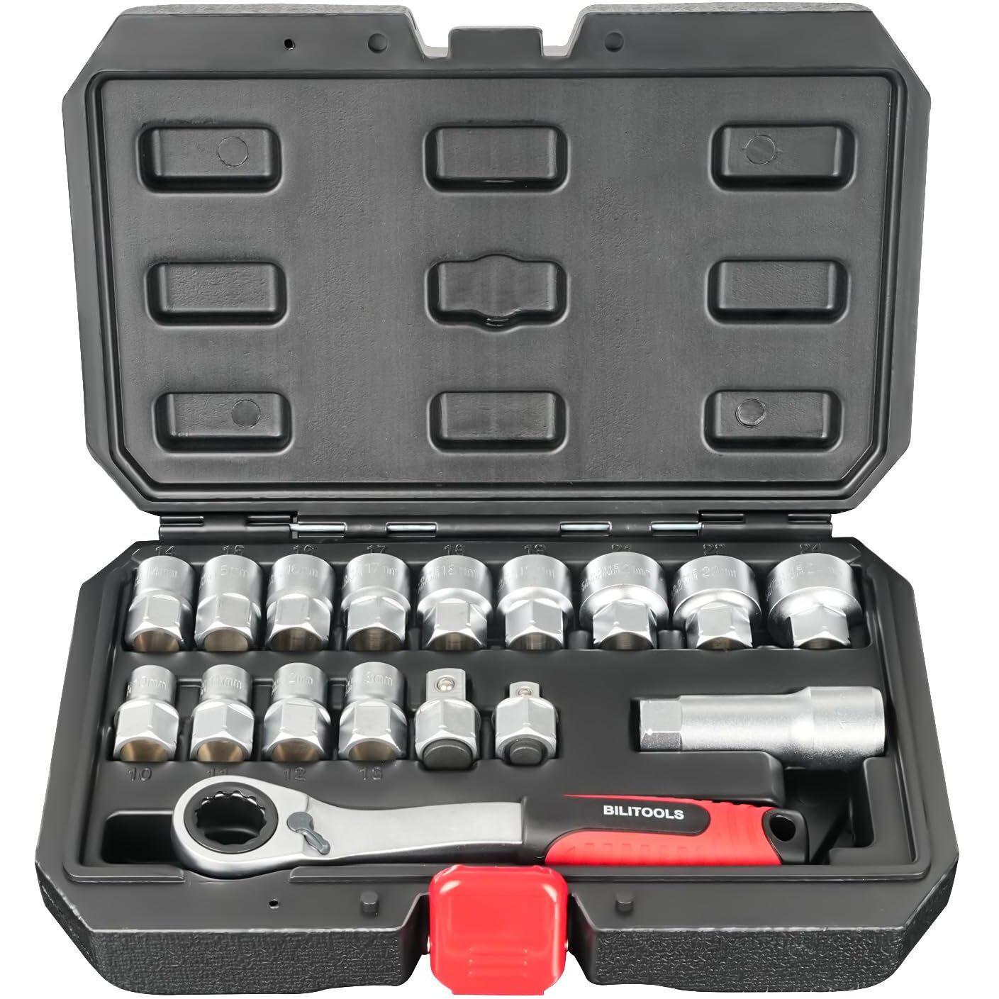 Bilitools 17-Piece Pass Through Socket Set, 3/8"" & 1/2"" Drive Pass Thru Spline Socket & Ratchet Set Go Through Design Metric 10-24Mm