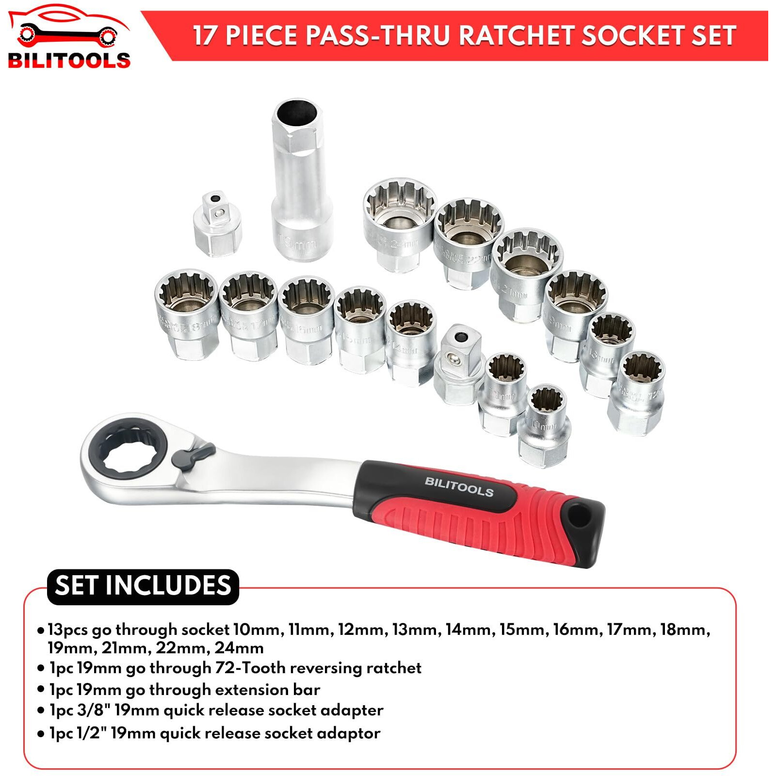 Bilitools 17-Piece Pass Through Socket Set, 3/8"" & 1/2"" Drive Pass Thru Spline Socket & Ratchet Set Go Through Design Metric 10-24Mm