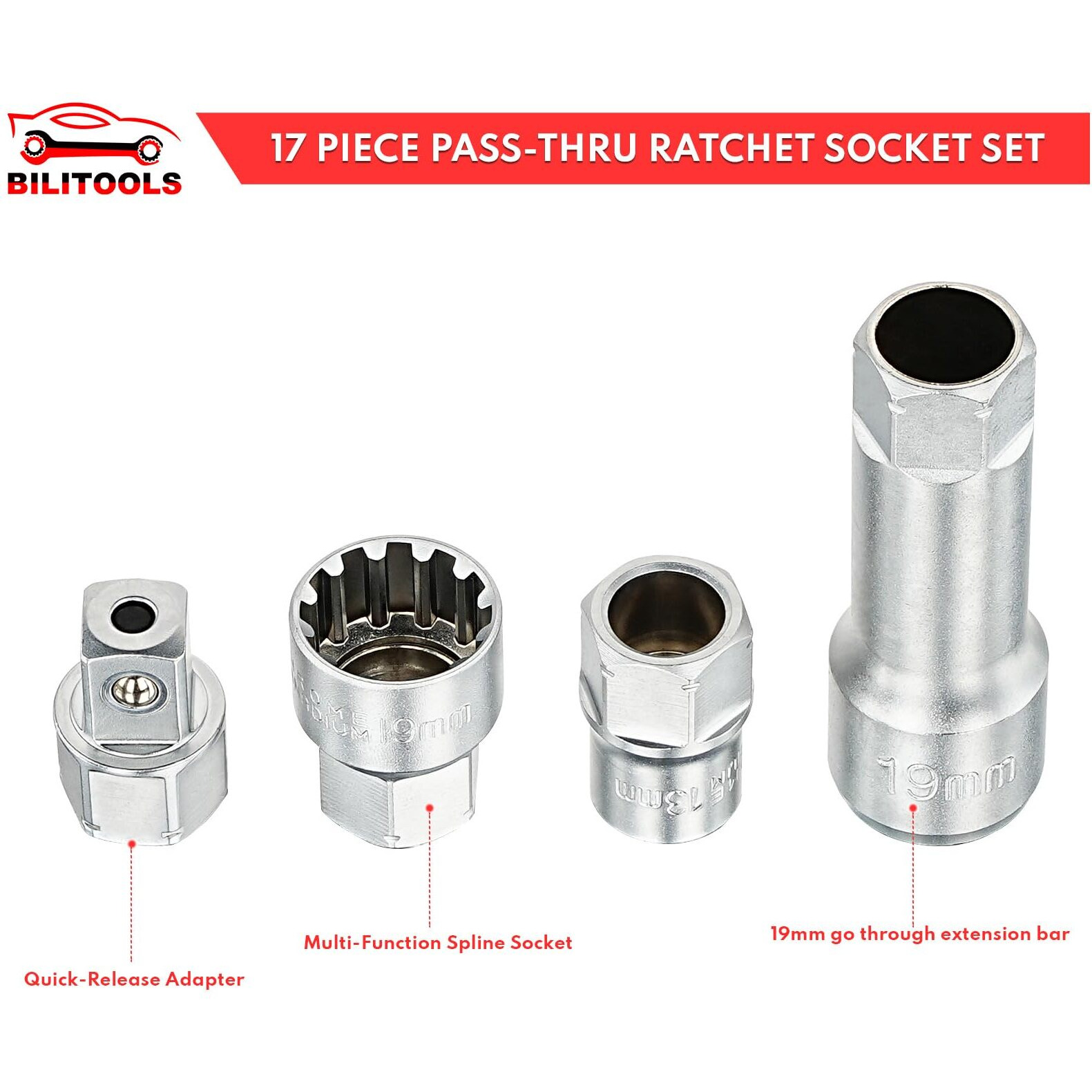 Bilitools 17-Piece Pass Through Socket Set, 3/8"" & 1/2"" Drive Pass Thru Spline Socket & Ratchet Set Go Through Design Metric 10-24Mm