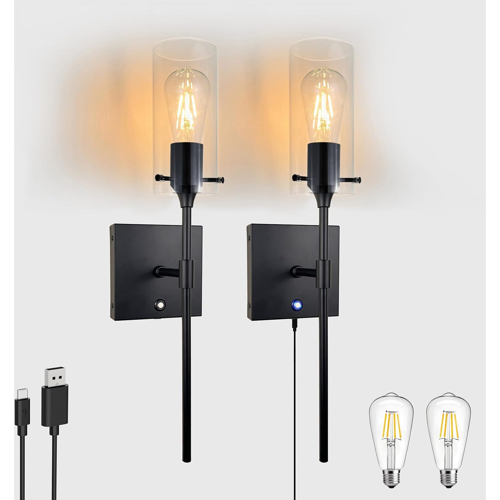 Thyfenno Dimmable Battery Operated Wall Sconce Set Of 2, Rechargeable Wall Mount Light No Wiring, Easy Install Wireless Wall Lamp For Living Room Bedroom Hallway Farmhouse Indoor, Bulb Included