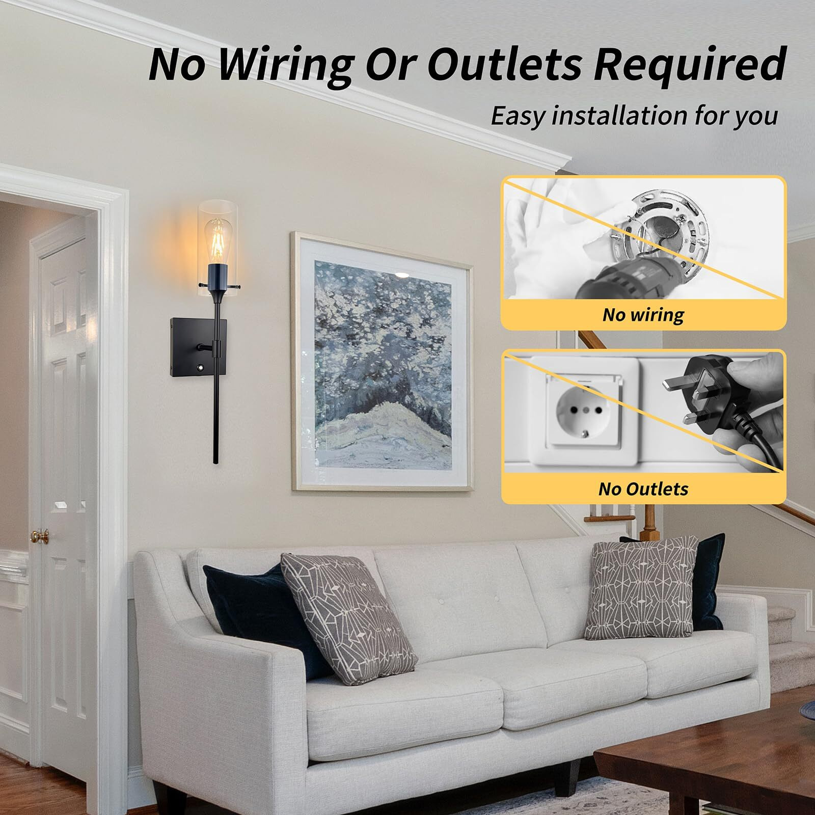 Thyfenno Dimmable Battery Operated Wall Sconce Set Of 2, Rechargeable Wall Mount Light No Wiring, Easy Install Wireless Wall Lamp For Living Room Bedroom Hallway Farmhouse Indoor, Bulb Included