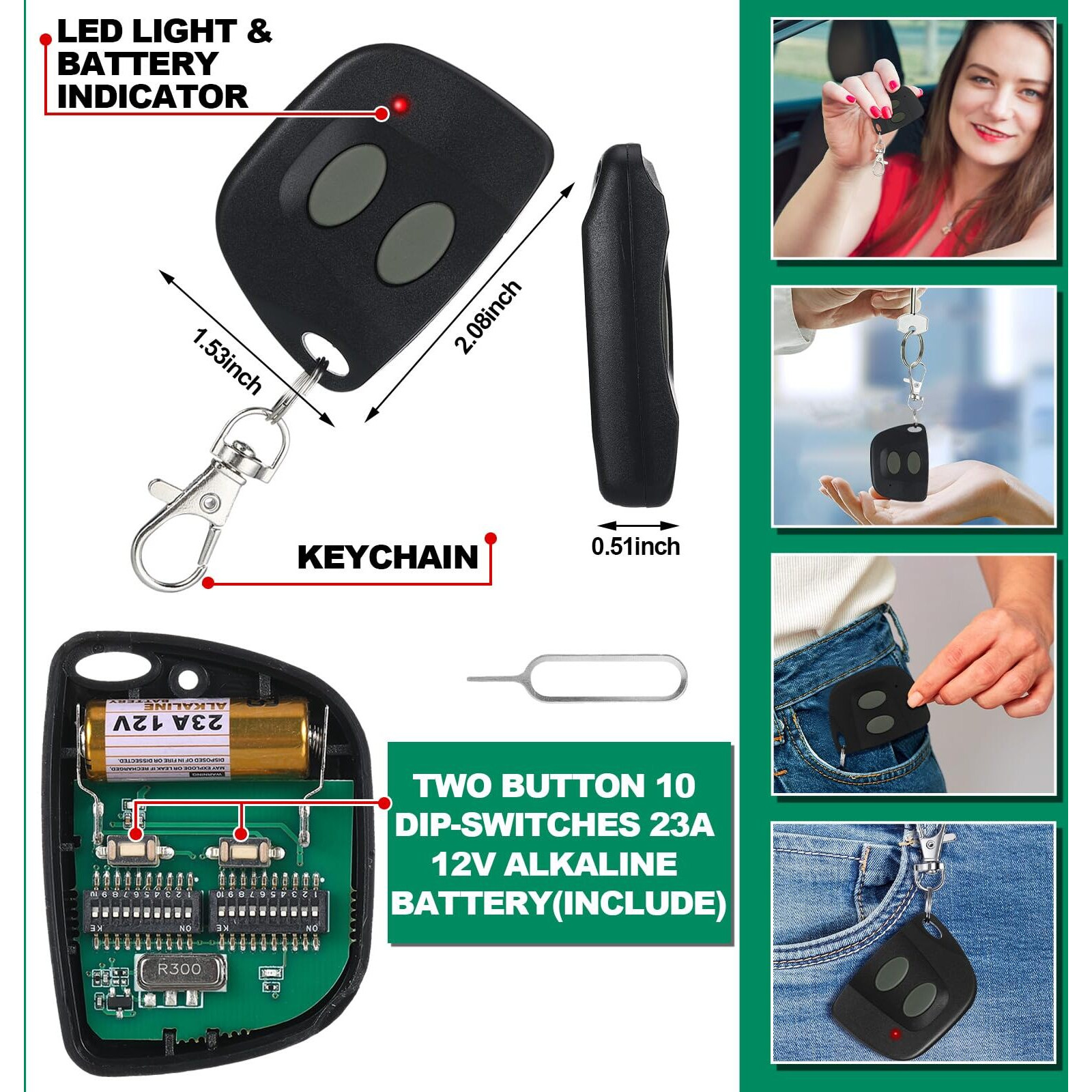 Kingdder 2 Pcs 10 Dip Switch Garage Door Remote Two Button Garage Remote Compatible With Multicode 300Mhz 3089 3060 3070 3083 Door Opener With Keychain, Control 2 Different Doors Simultaneously