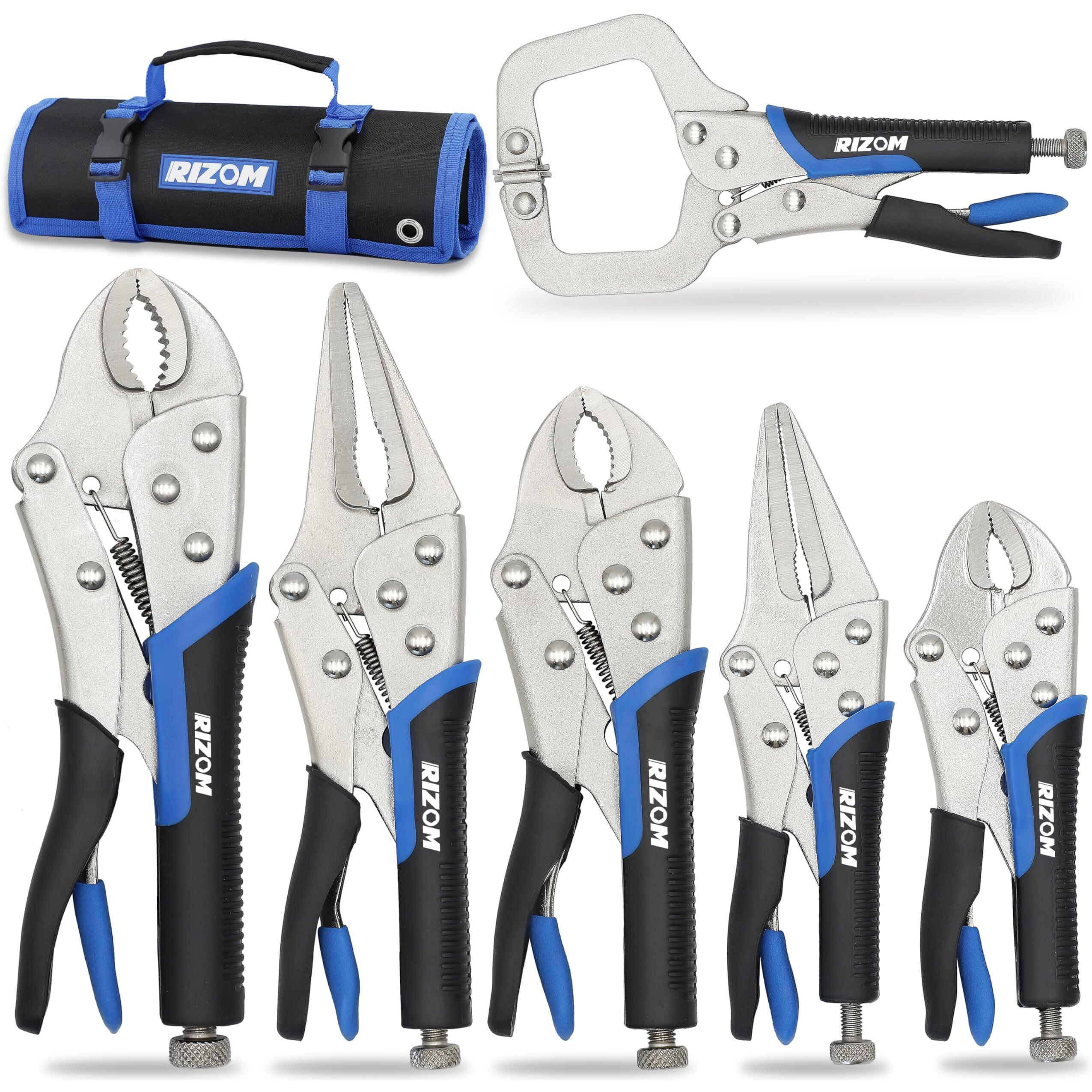 Rizom Vice Grips Pliers Set, 6-Piece Locking Pliers Set, 6-1/2   , 9-1/2    Needle Nose Vice Grips, 5   , 7    And 10    Curved Jaw Vise Grip Pliers, 6    C-Clamp Locking Pliers, Fast Release With Rolling Pouch
