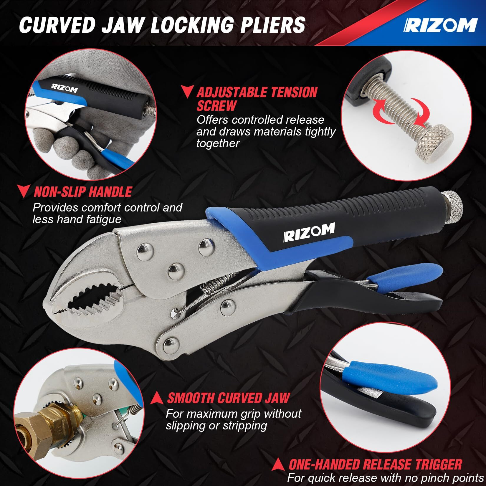 Rizom Vice Grips Pliers Set, 6-Piece Locking Pliers Set, 6-1/2   , 9-1/2    Needle Nose Vice Grips, 5   , 7    And 10    Curved Jaw Vise Grip Pliers, 6    C-Clamp Locking Pliers, Fast Release With Rolling Pouch