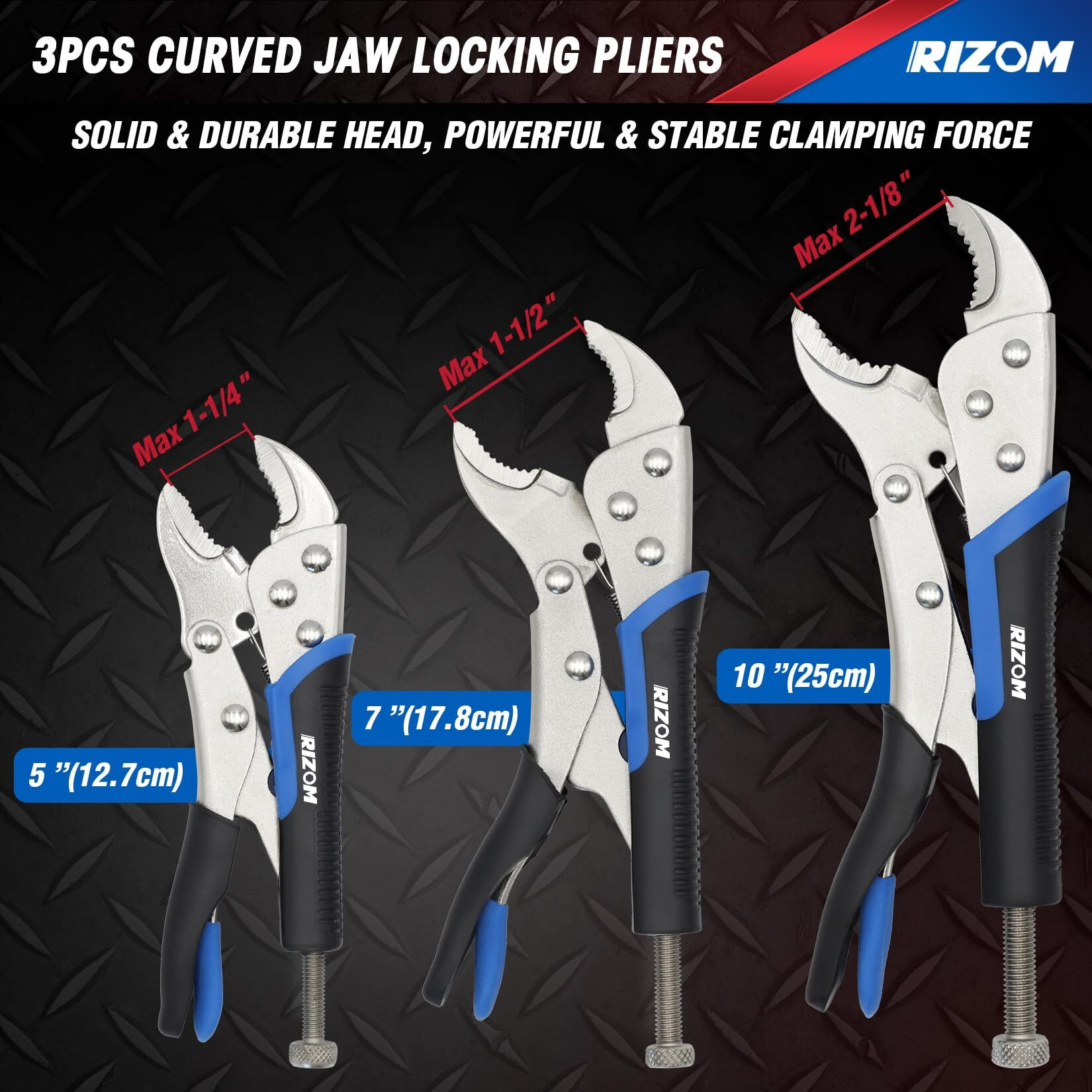 Rizom Vice Grips Pliers Set, 6-Piece Locking Pliers Set, 6-1/2   , 9-1/2    Needle Nose Vice Grips, 5   , 7    And 10    Curved Jaw Vise Grip Pliers, 6    C-Clamp Locking Pliers, Fast Release With Rolling Pouch