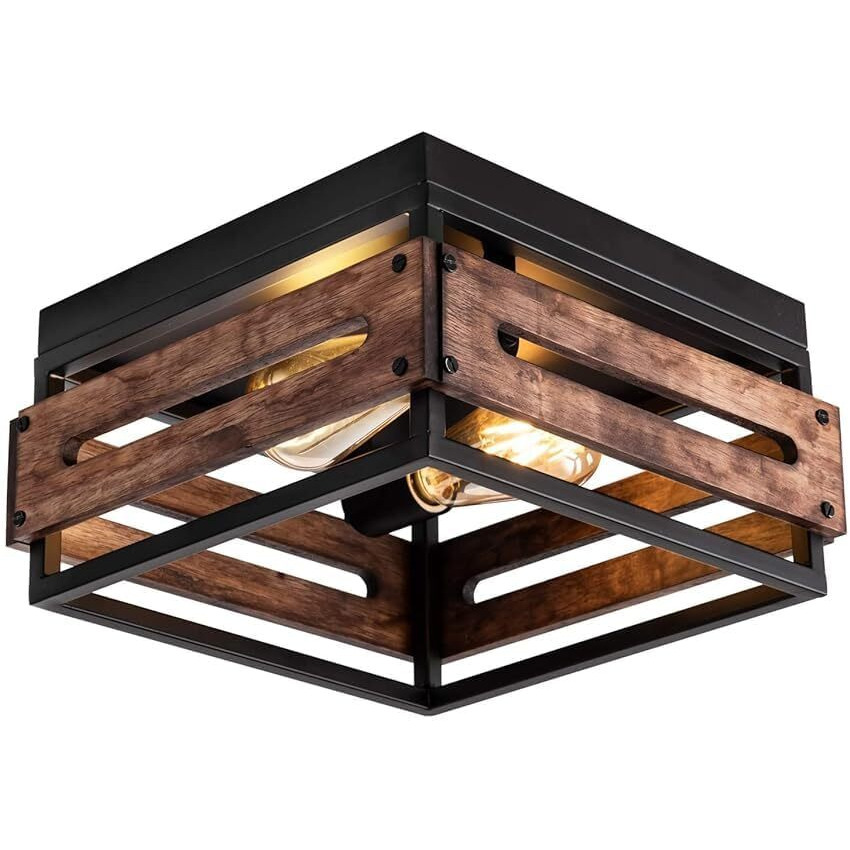 Mayna 2-Light Farmhouse Flush Mount Ceiling Light, Rustic Ceiling Light, Metal And Wood Square Dining Room Light Fixture For Hallway Farmhouse Entryway Balcony Kitchen