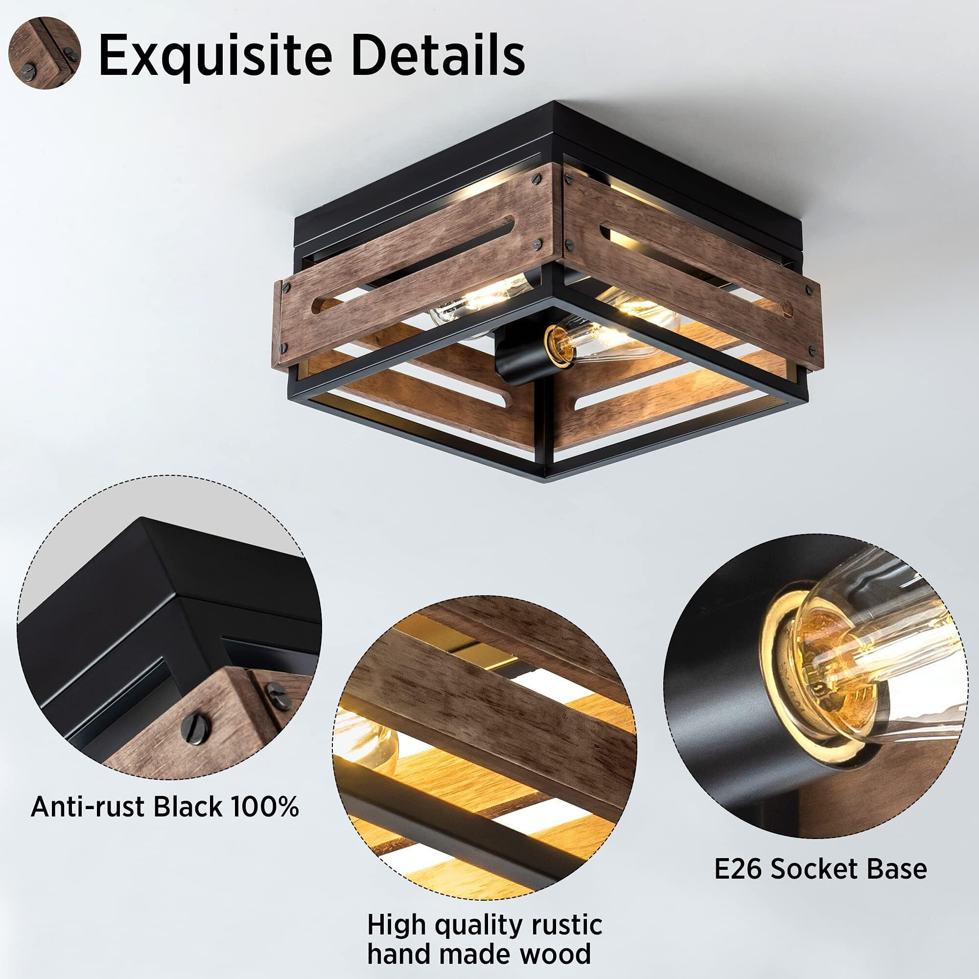 Mayna 2-Light Farmhouse Flush Mount Ceiling Light, Rustic Ceiling Light, Metal And Wood Square Dining Room Light Fixture For Hallway Farmhouse Entryway Balcony Kitchen