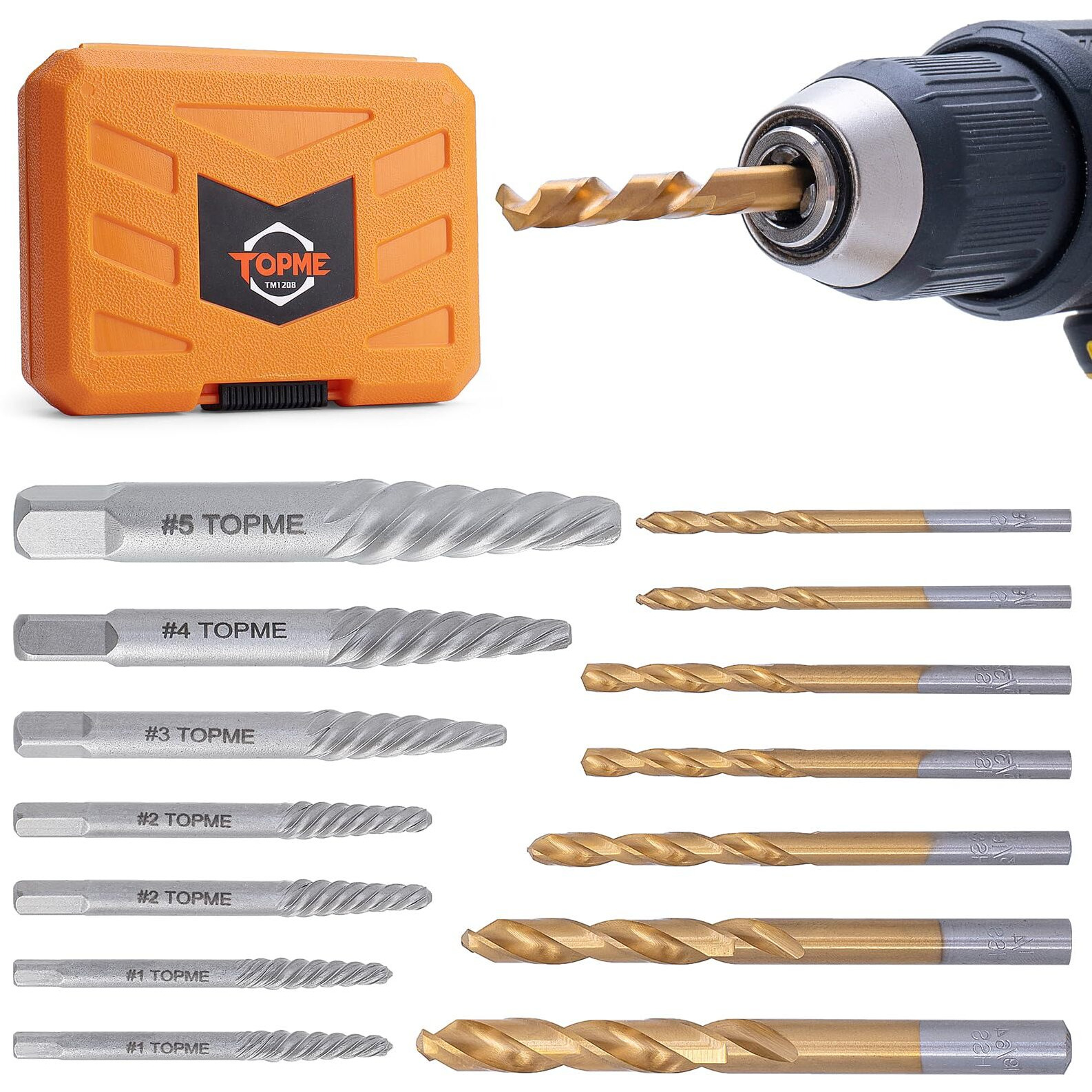 Topme Screw Extractor Set, 14Pcs Easy Out Screw Extractor Set And Left-Hand Drill Bit Set, Stripped Screw Extractor Set For Removing Damaged Screws, Broken Bolts, Studs