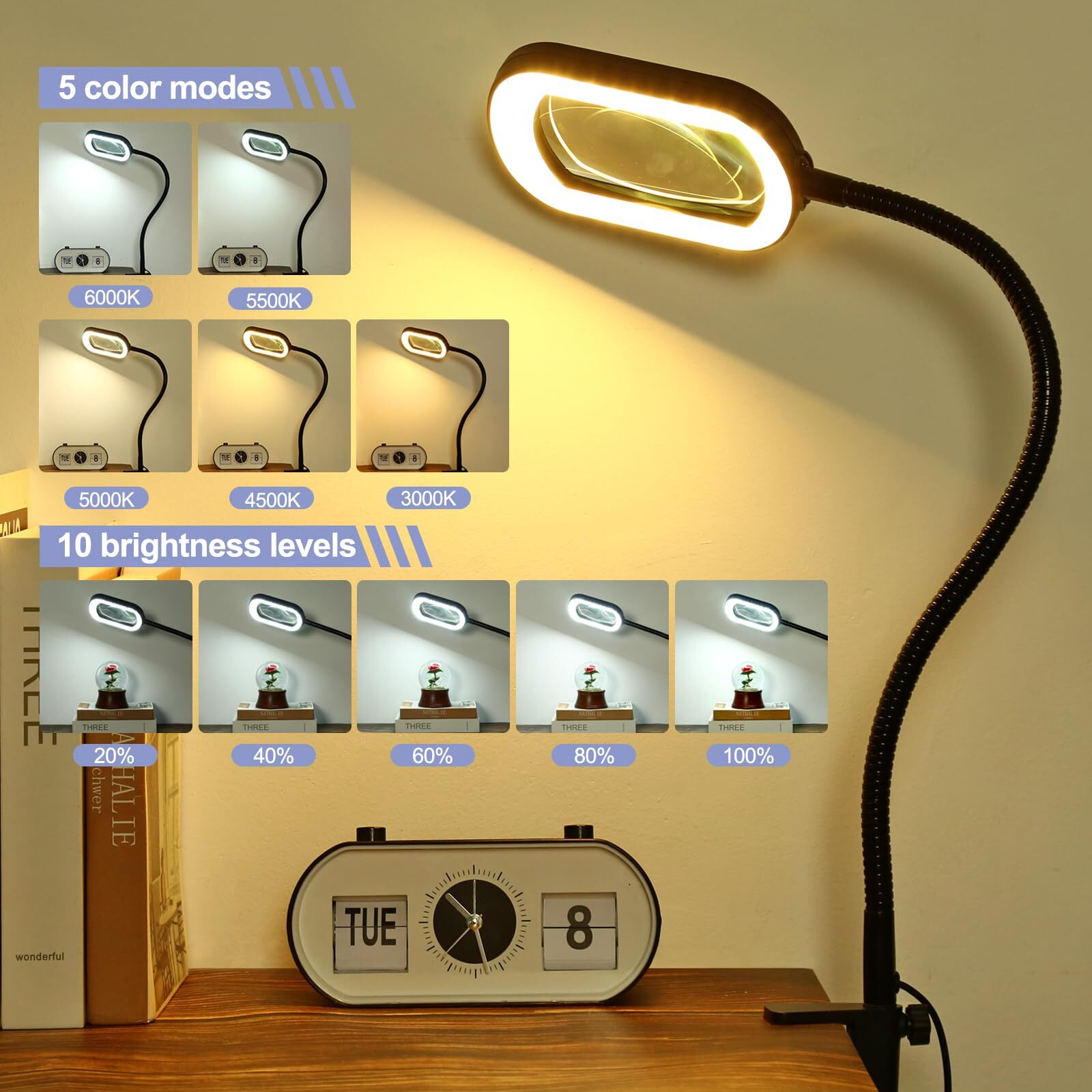 10X Square Magnifying Glass With Light And Stand, 2-In-1 Gooseneck Led Lighted Magnifier, 5 Color Modes Stepless Dimmable, Hands Free Magnifying Desk Lamp With Clamp For Reading Craft Hobby Close Work