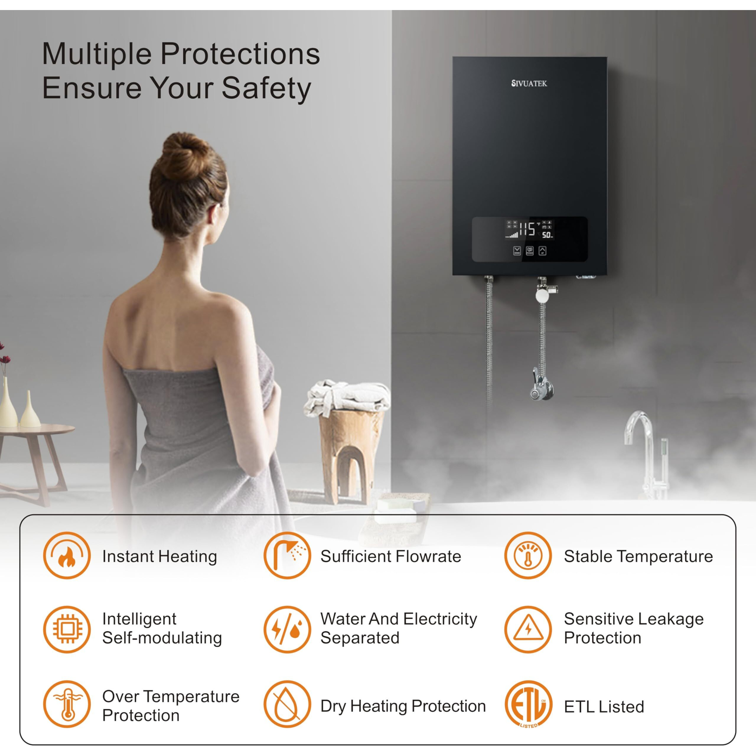 Electric Tankless Water Heater Sivuatek 18Kw, 240V - On-Demand Hot Water For Whole House - Etl Certified, Self Modulating - Compact Design For Easy Installation - For 2 Showers