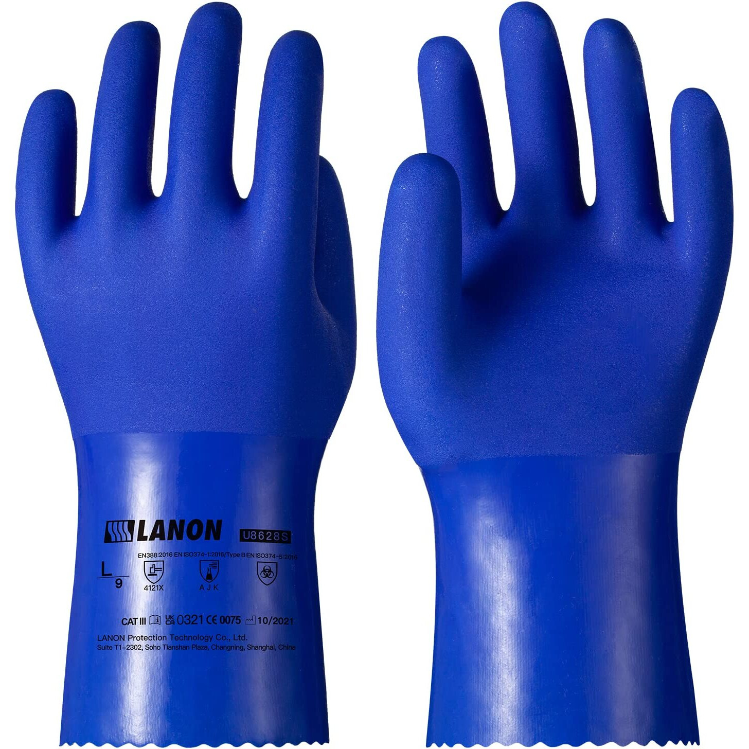 Lanon Pvc Chemical Resistant Gloves, Heavy-Duty Rubber Gloves, Acid, Alkali And Oil Protection, Non-Slip, Blue, Large