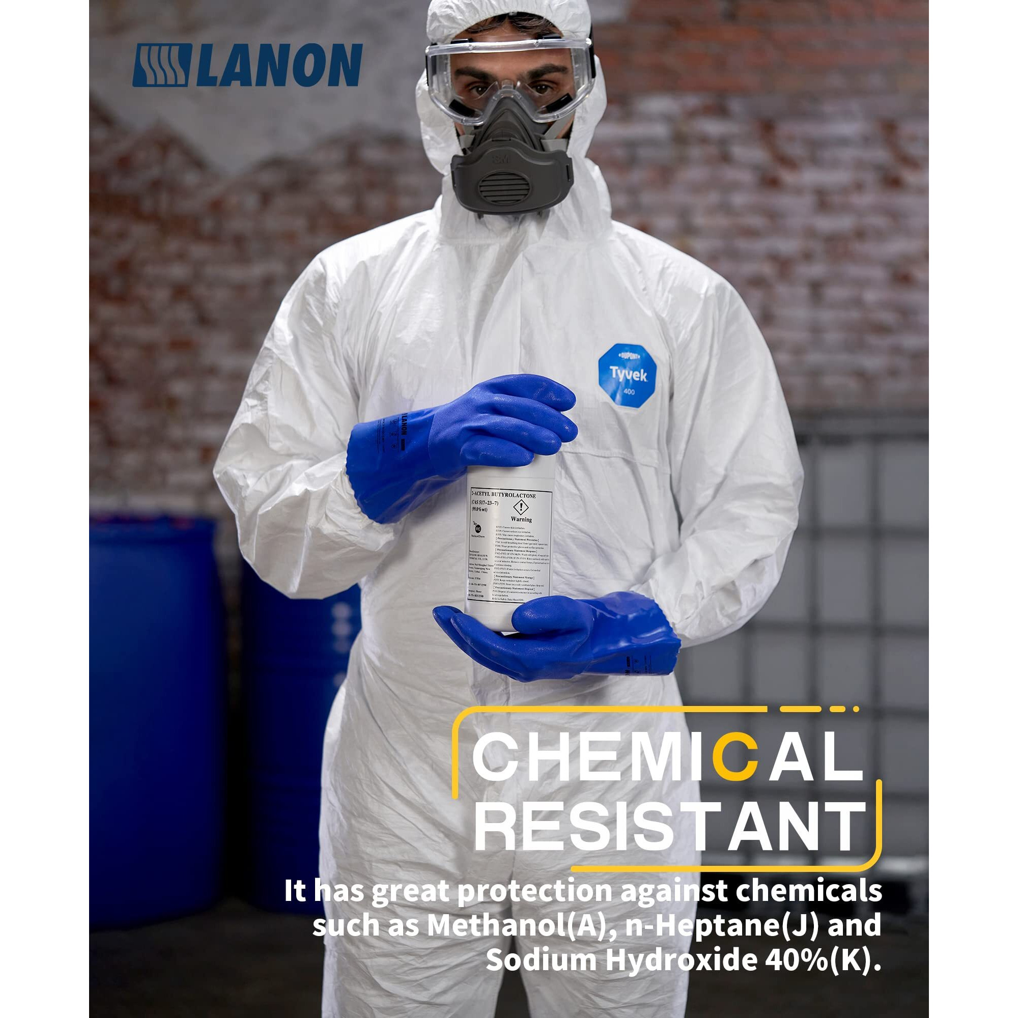 Lanon Pvc Chemical Resistant Gloves, Heavy-Duty Rubber Gloves, Acid, Alkali And Oil Protection, Non-Slip, Blue, Large