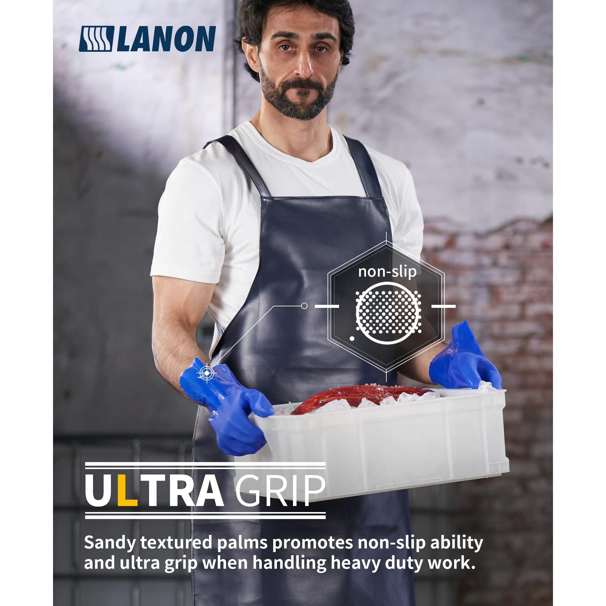 Lanon Pvc Chemical Resistant Gloves, Heavy-Duty Rubber Gloves, Acid, Alkali And Oil Protection, Non-Slip, Blue, Large
