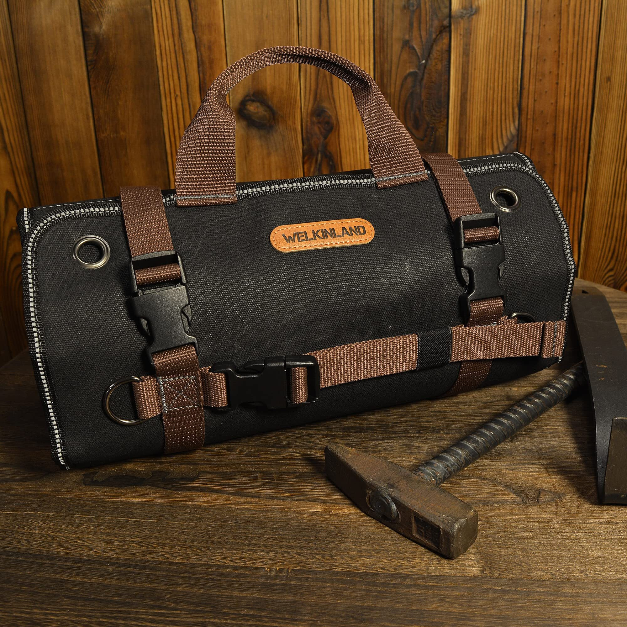 Welkinland Heavy-Duty Waxed Canvas Tool Roll, 15-Pockets Tool Roll, 15L Tool Roll Bags, Tool Bag Roll, Tool Roll Bag, Tool Roll Up Bag, Tool Roll Organizer, Roll Up Tool Bag Organizer
