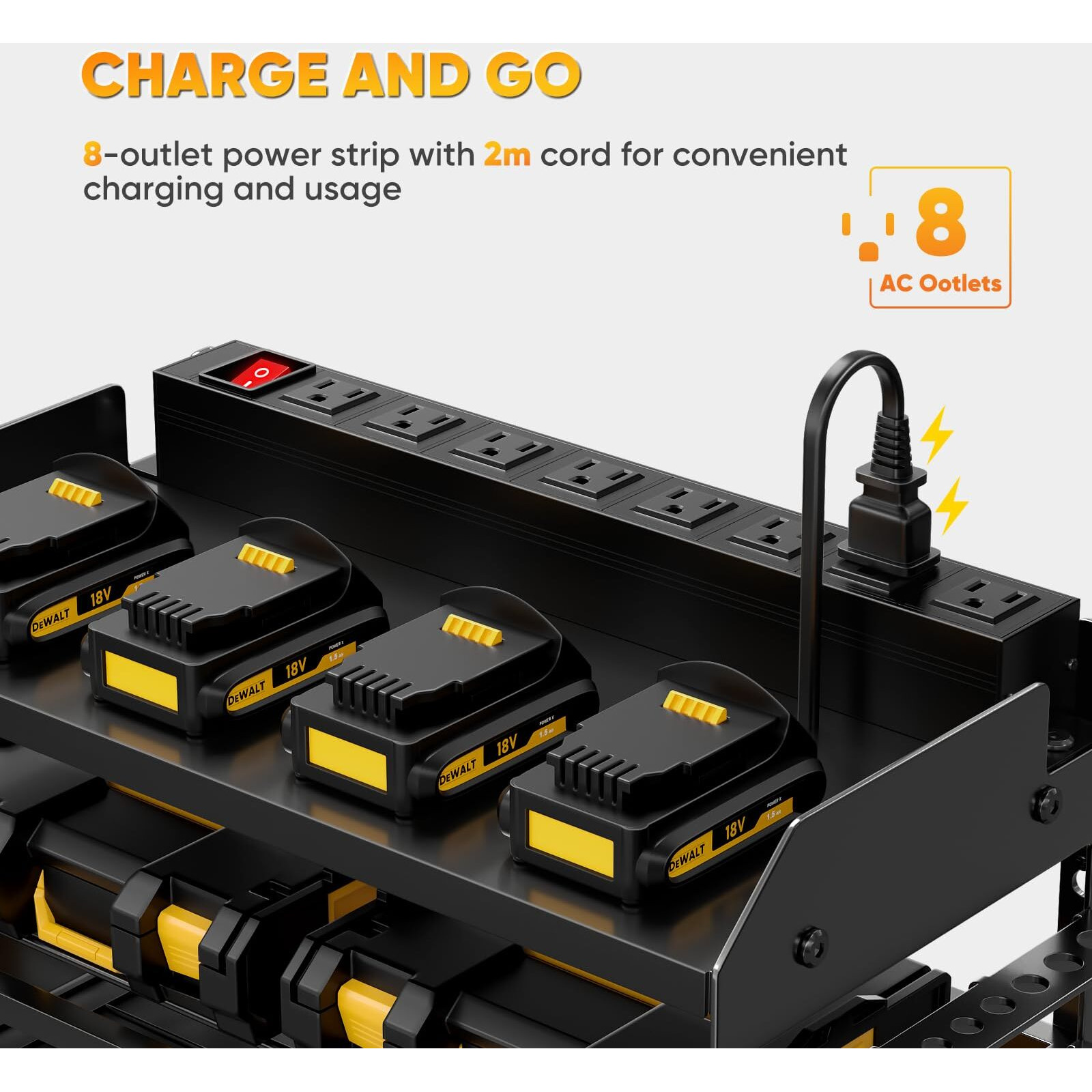 Pokipo Power Tool Organizer Charging Station With Angle Grinder Holder, Heavy Duty 4 Layer Drill Holder Wall Mount, Tool Storage In 8 Outlet Power Strip, Utility Rack With 6.56Ft Cord For Garage