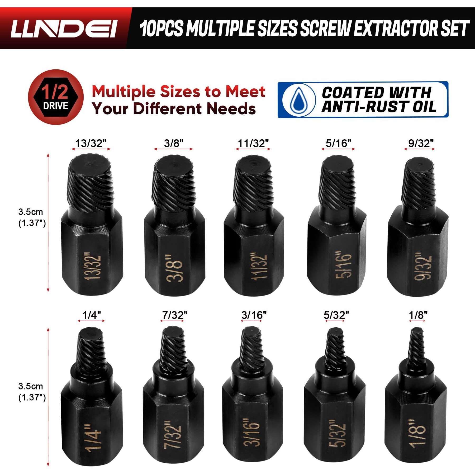 Llndei Screw Extractor Set, Hex Head Easy Out Bolt Extractor Set 10 Pieces, Multi-Spline Ez Out Stripped Extractor (1/8   -13/32   ) Cr-Mo, Stripped Fastener Tool