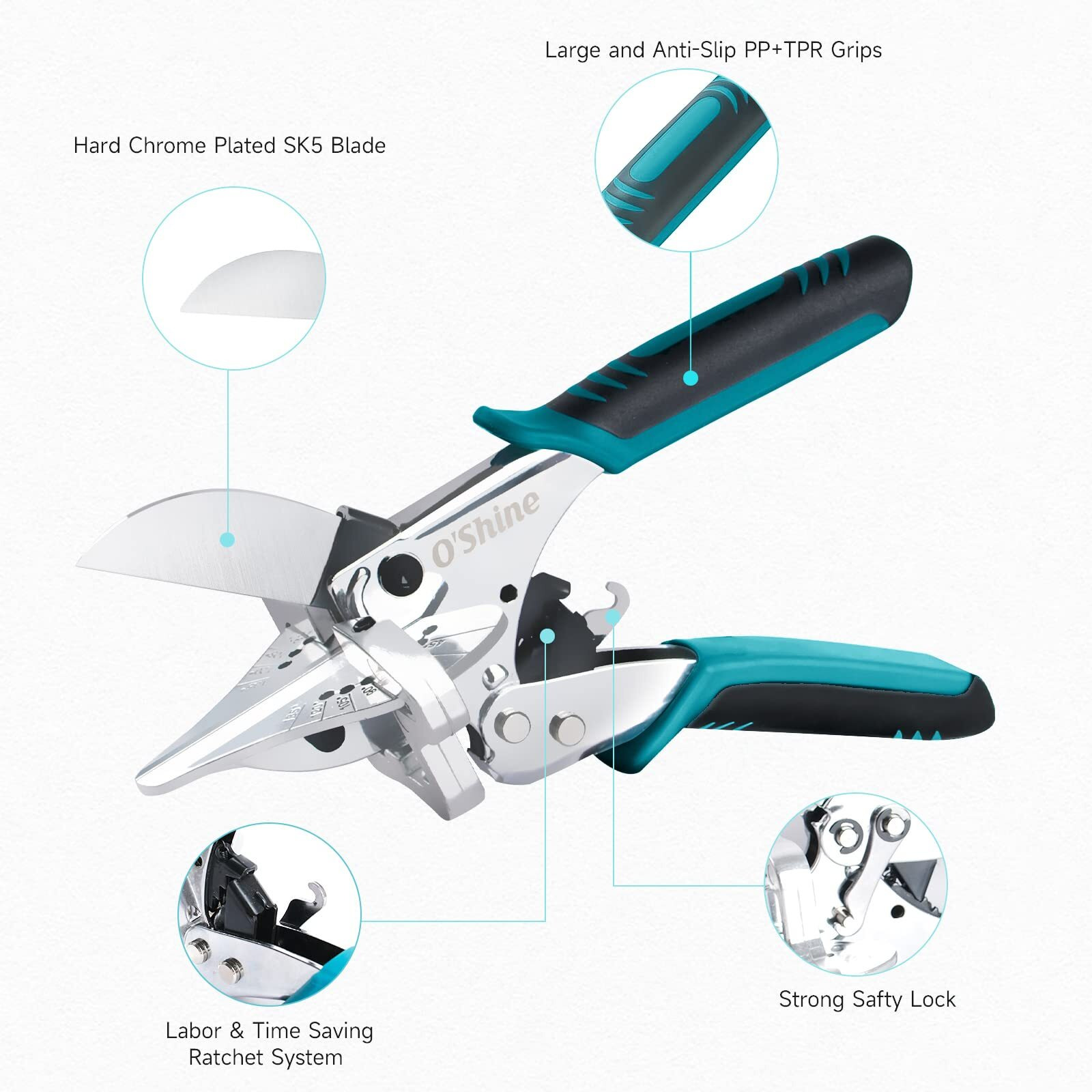Oshine Ratchet Miter Shears Expert For Angular Cutting Molding Crafting Wood, Quarter Round Cutting Tool, 45-135 Degree Multi Angle Pvc Miter Shear Trim Cutter Hand Tool, W/Extra Four Anvils & Blade