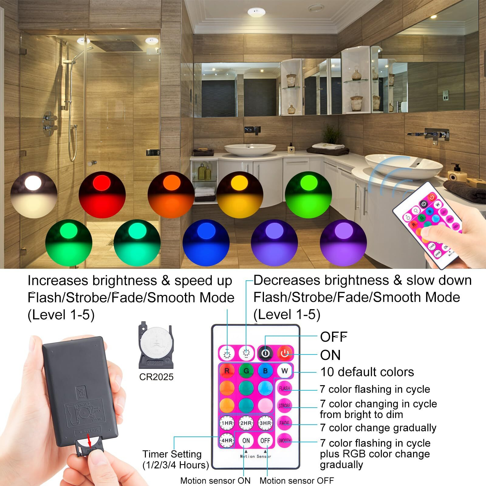 Bigmonat Motion Sensor Rechargeable Light, Wireless Led Shower Ceiling Light With Remote, 10 Color Changing Night Light For Shower Closet Bedroom Corridor Bathroom,220Lm (White,1 Pack)