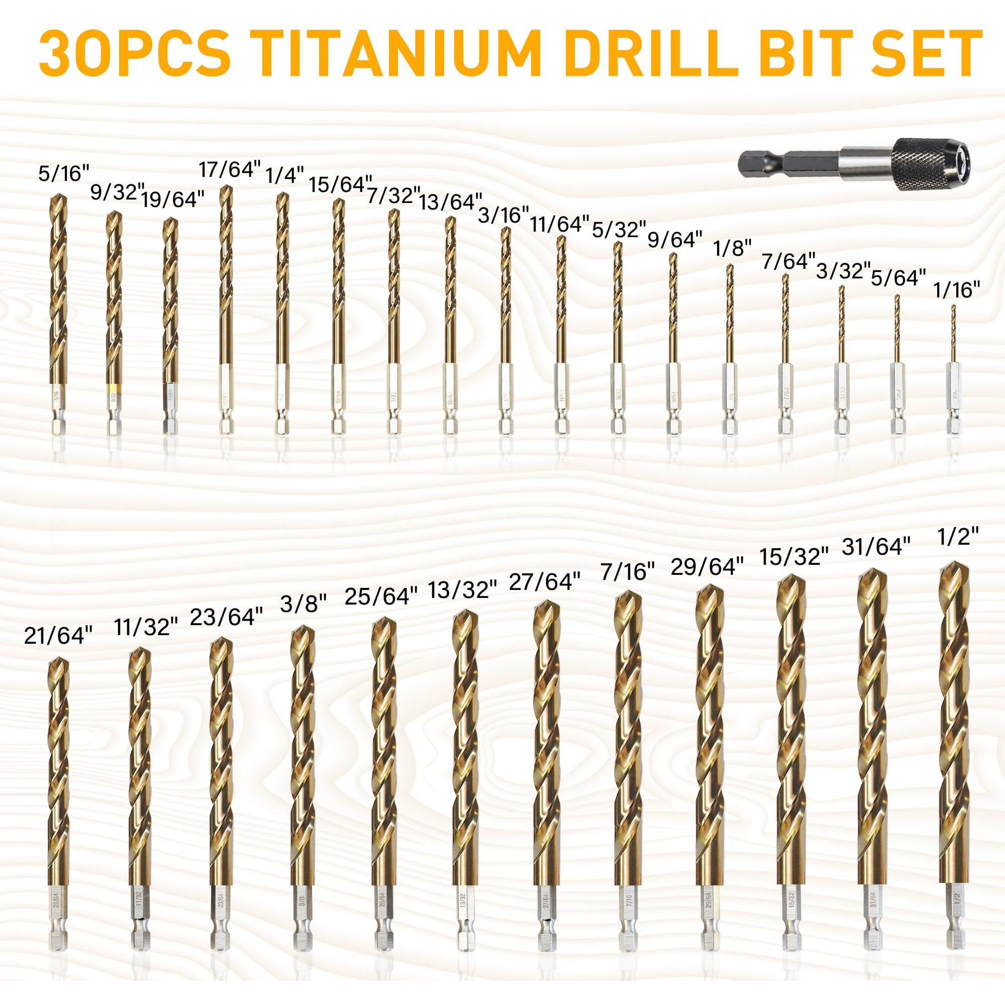 Rogaper 30 Pcs Titanium Impact Drill Bit Set, Hex Shank Drill Bit Set For Wood, Steel, Metal, And Plastic With Quick Change Design, Hss Titanium Twist Drill Bit With Storage Case, 5/64"" To 1/2""