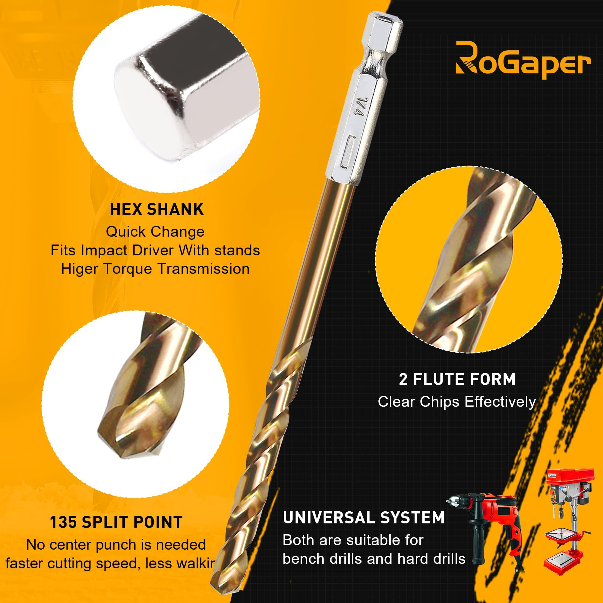 Rogaper 30 Pcs Titanium Impact Drill Bit Set, Hex Shank Drill Bit Set For Wood, Steel, Metal, And Plastic With Quick Change Design, Hss Titanium Twist Drill Bit With Storage Case, 5/64"" To 1/2""