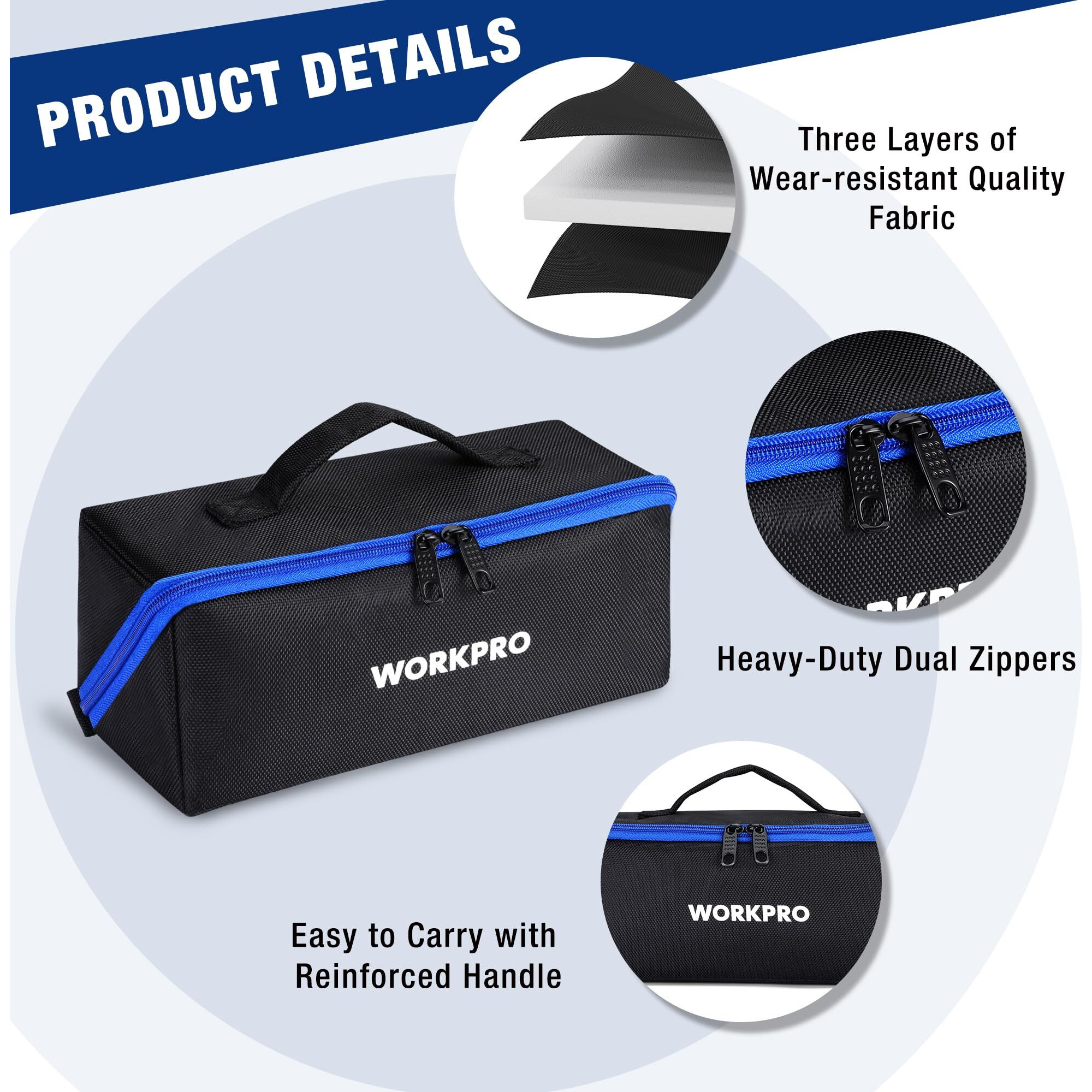 Workpro Tool Bag, 10"" Wide Mouth Utility Tool Bag With Zipper, Heavy Duty Tool Storage Bag, Multipurpose Tool Case Small Tool Bag For Organizer